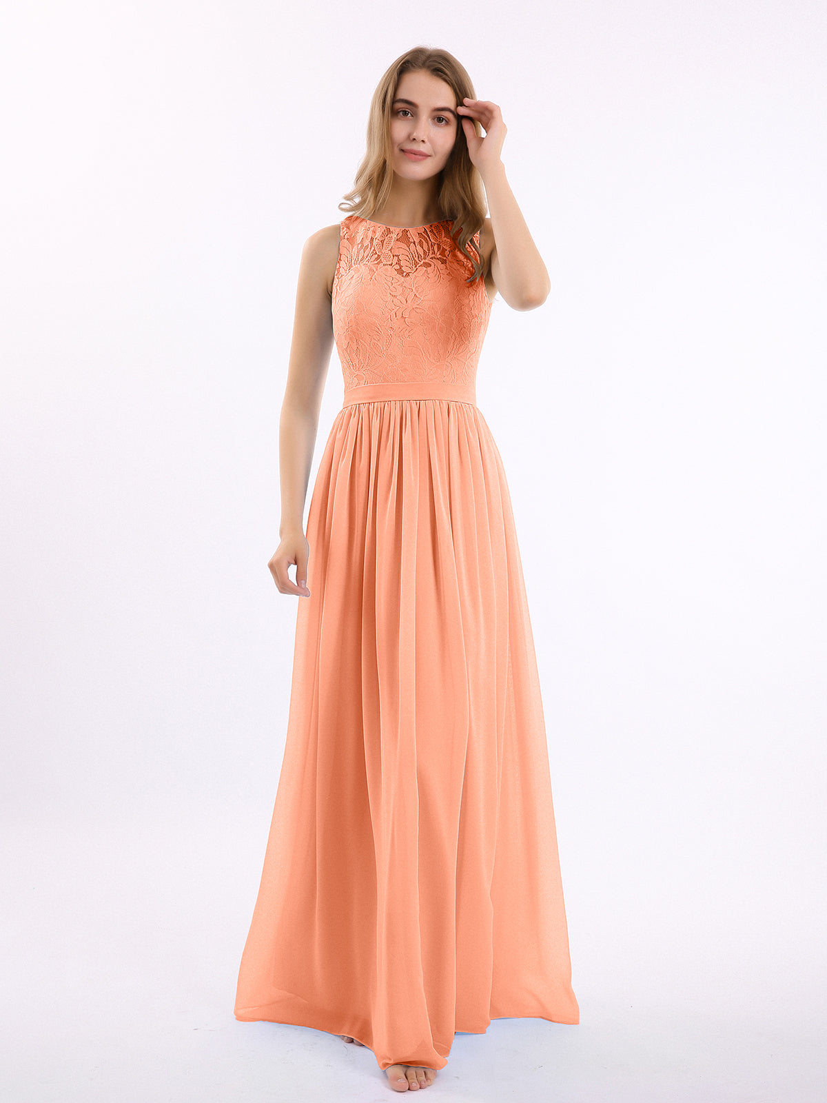 chinese dress ladies BABARONI Lace and Chiffon Long Gown of Bridesmaids-Papaya, Papaya / US0
