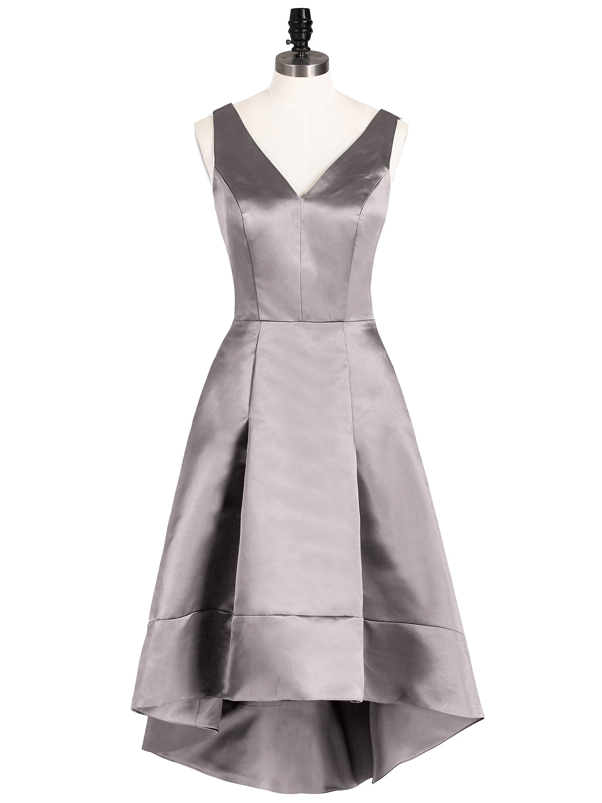 BABARONI V-neck Satin High Low Bridesmaid Dresses-Silver, Silver / US0