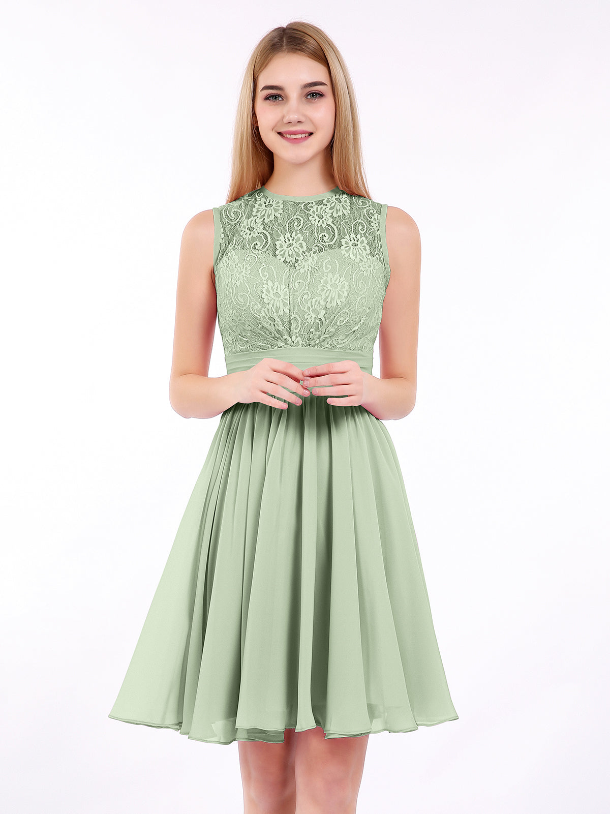 BABARONI Illusion Neck Chiffon and Lace Dress-Dusty Sage, Dusty Sage / US0 BABARONI Illusion Neck Chiffon and Lace Dress-Dusty Sage, Dusty Sage / US0