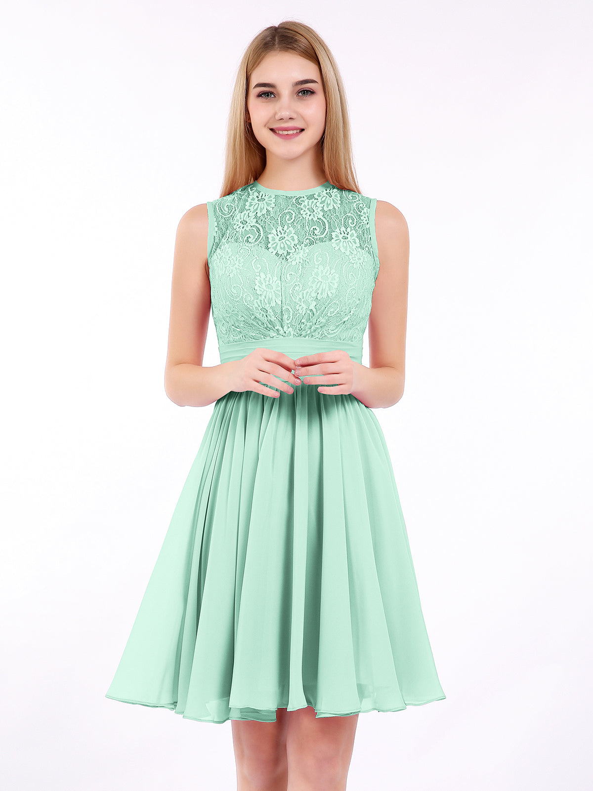 BABARONI Illusion Neck Chiffon and Lace Dress-Mint Green, Mint Green / US0 BABARONI Illusion Neck Chiffon and Lace Dress-Mint Green, Mint Green / US0