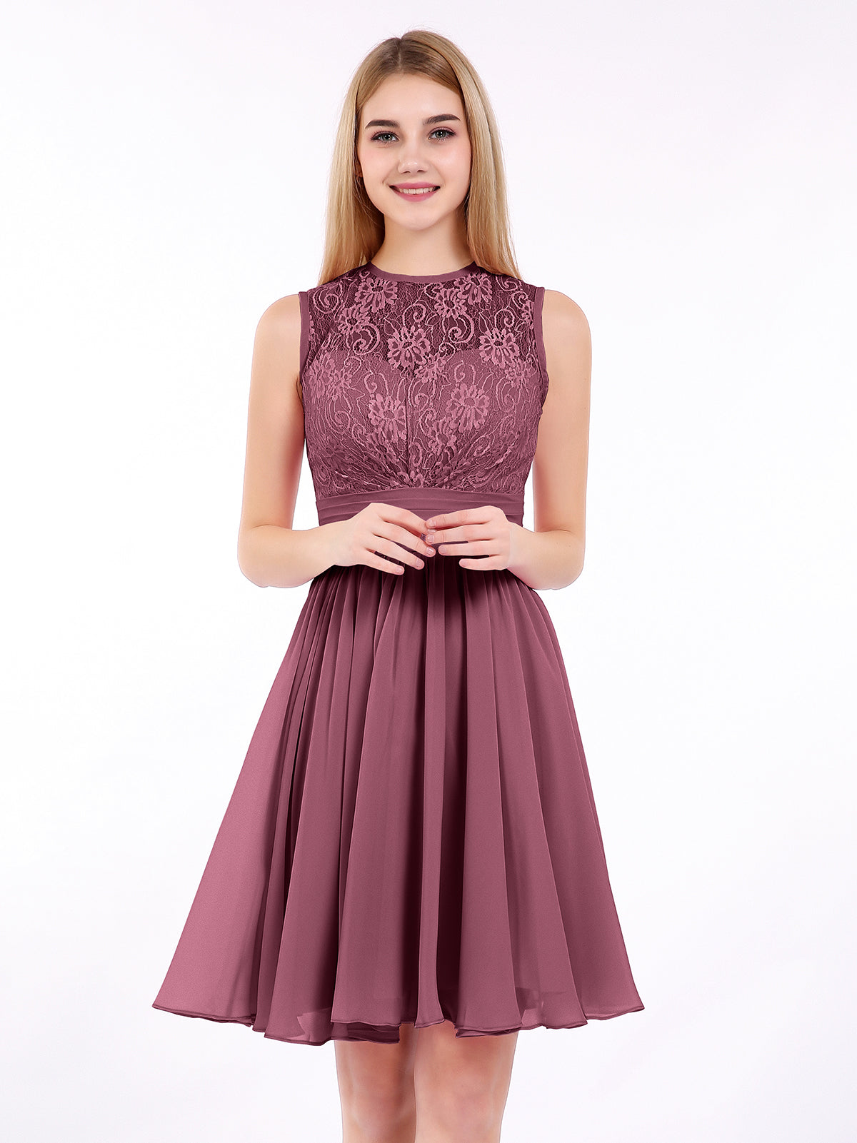 BABARONI Illusion Neck Chiffon and Lace Dress-Mulberry, Mulberry / US0