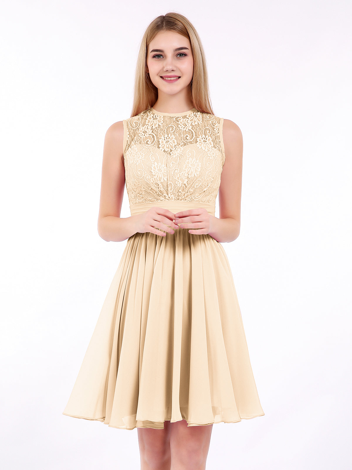 BABARONI Chiffon Peach Bridesmaid Dresses Illusion Short/Mini Sleeveless  Ruched A-line