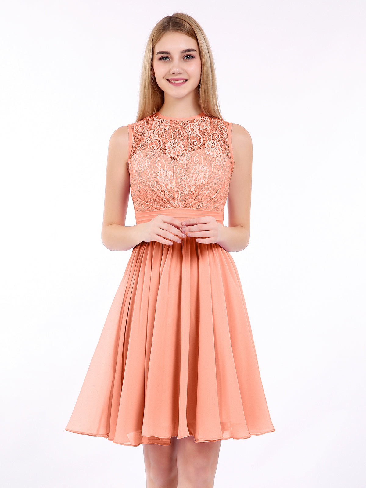BABARONI Illusion Neck Chiffon and Lace Dress-Sunset, Sunset / US0
