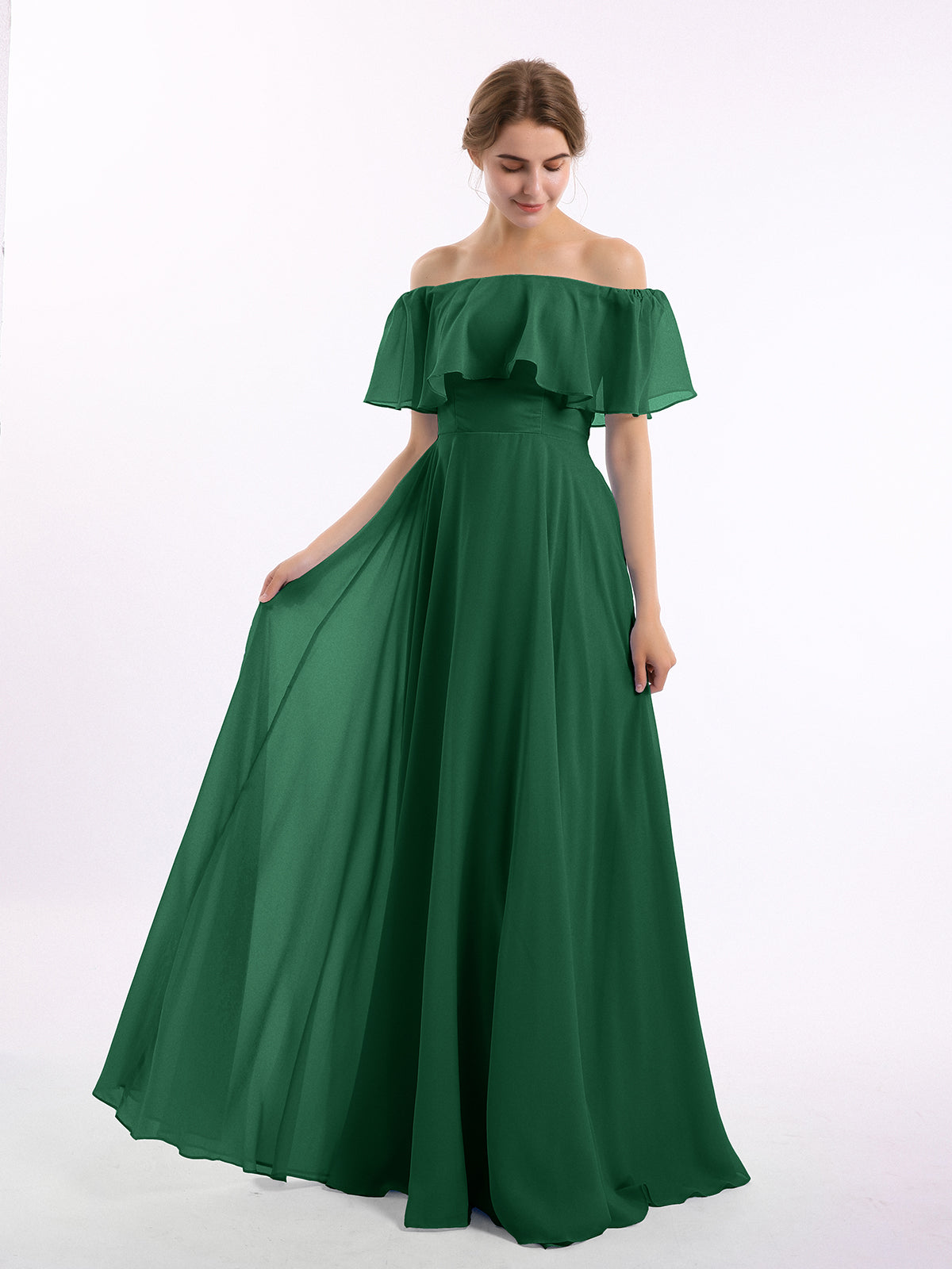 BABARONI Off the Shoulder Chiffon Full Length Dress-Dark Green, Dark Green / US0 BABARONI Off the Shoulder Chiffon Full Length Dress-Dark Green, Dark Green / US0