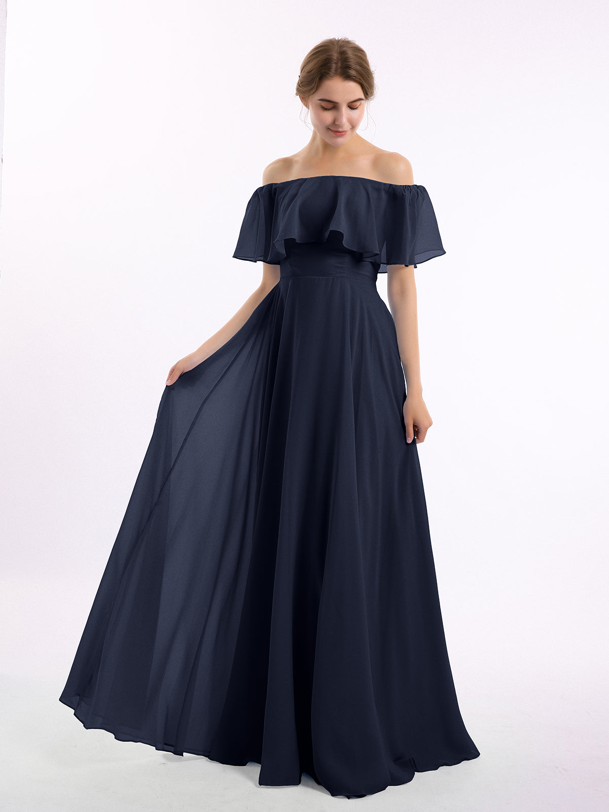BABARONI Chiffon Dark Navy Bridesmaid Dresses Off-the-shoulder Floor-length Short Pleated A-line, Dark Navy / US0
