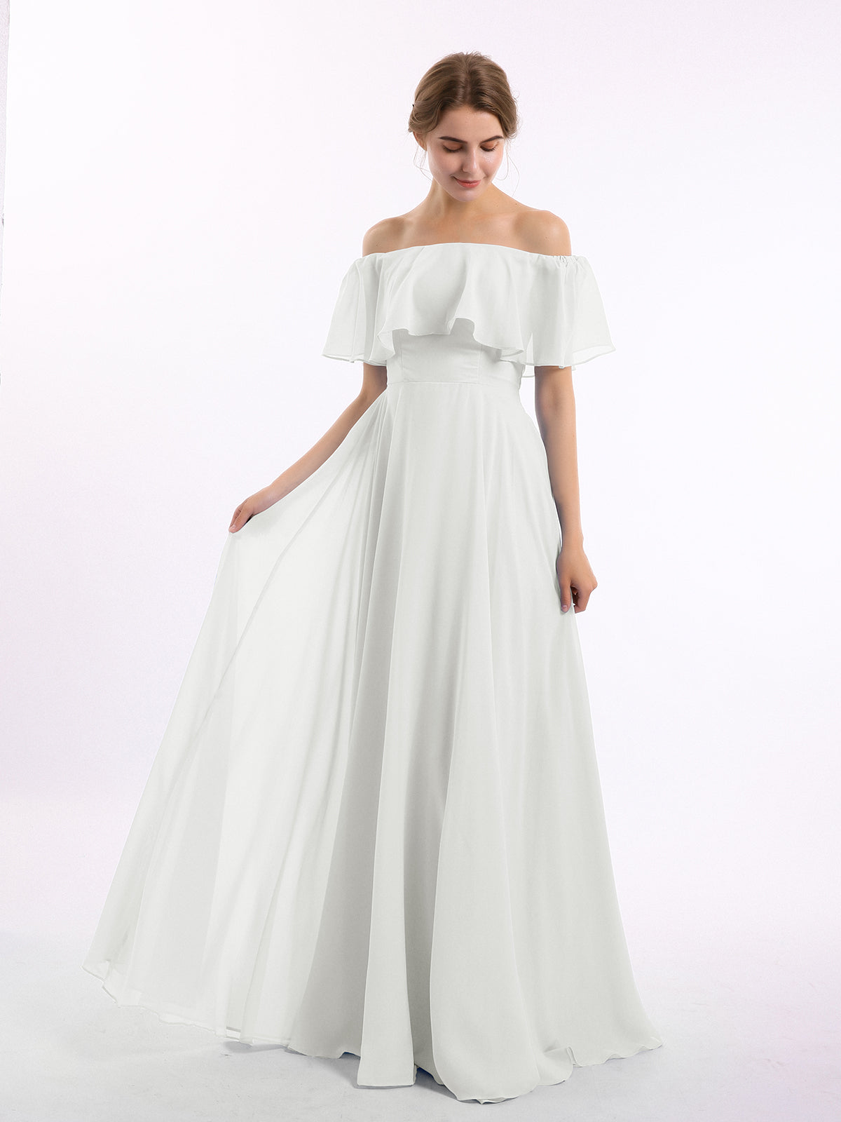 BABARONI Off The Shoulder Chiffon Full Length Dress-Ivory, Ivory / US0