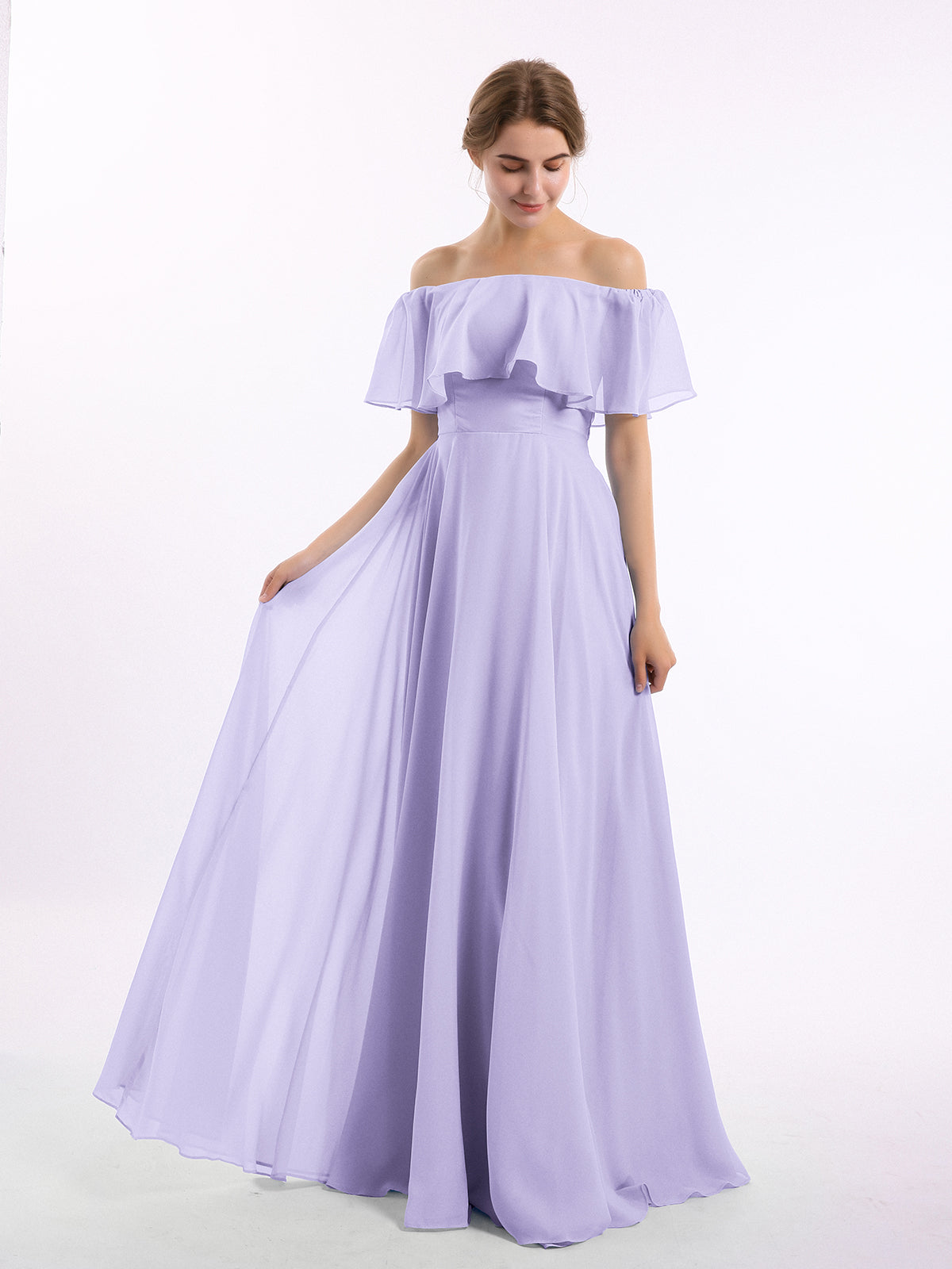BABARONI Off the Shoulder Chiffon Full Length Dress-Lilac, Lilac / US0 BABARONI Off the Shoulder Chiffon Full Length Dress-Lilac, Lilac / US0