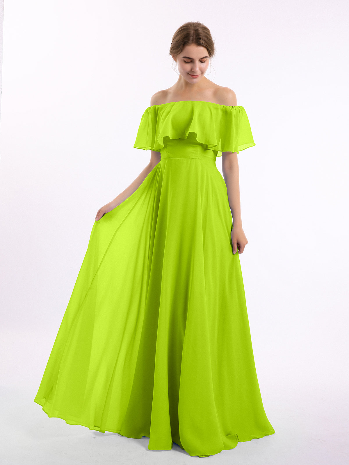 BABARONI Off the Shoulder Chiffon Full Length Dress-Lime Green, Lime Green / US0
