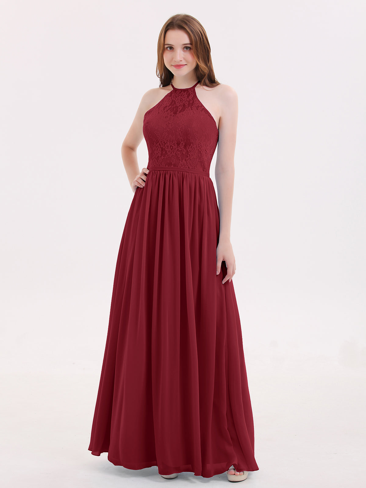 BABARONI BABARONI Chiffon Burgundy Bridesmaid Dresses Halter Floor-length Sleeveless Lace A-line, Burgundy / US0 BABARONI BABARONI Chiffon Burgundy Bridesmaid Dresses Halter Floor-length Sleeveless Lace A-line, Burgundy / US0