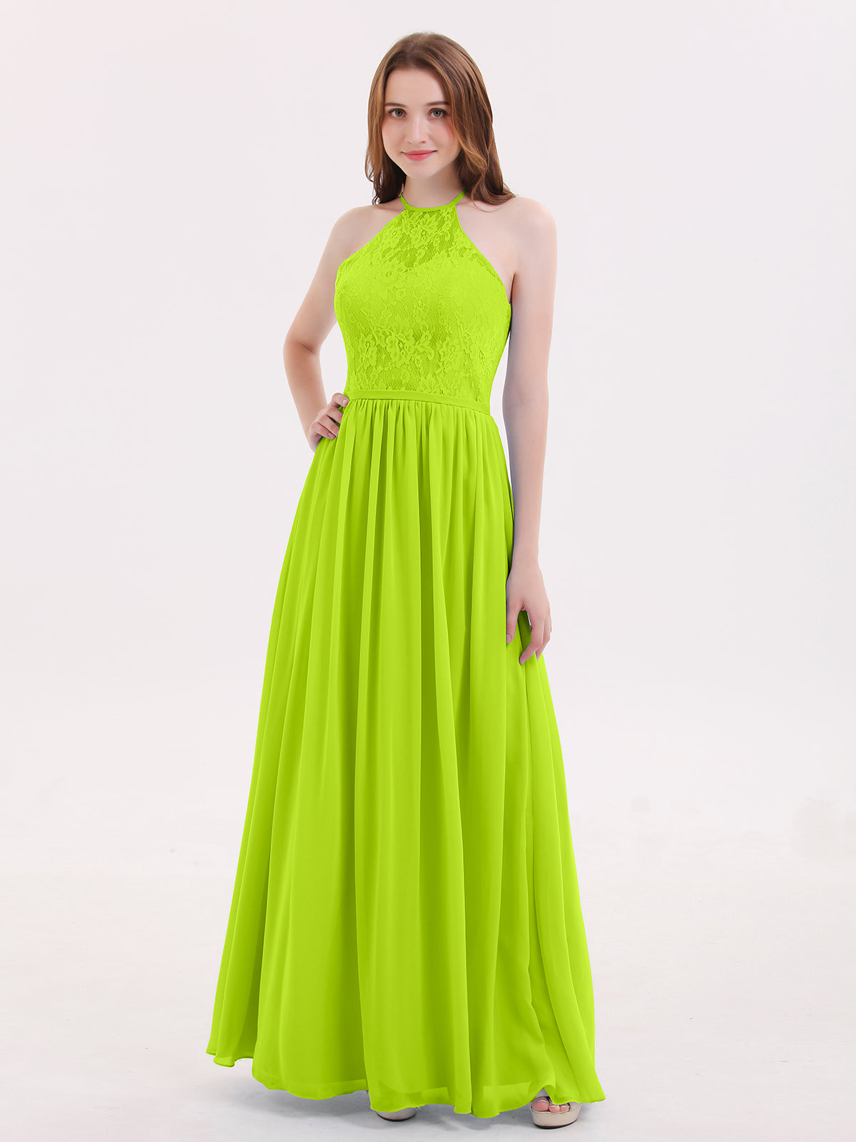 Lace Top Chiffon Skirt Dresses with Slit Lime Green Plus Size main image 1