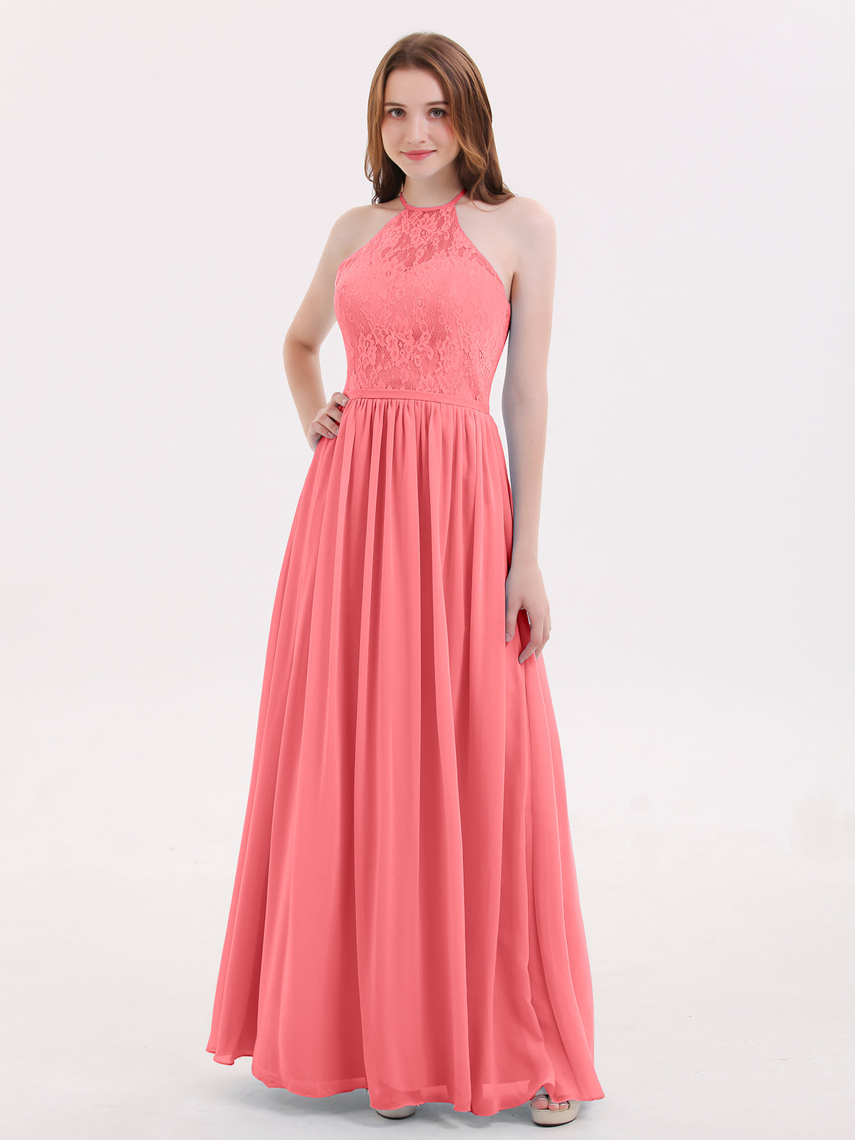 Halter Full Length Tulle Bridesmaid Dress Watermelon Plus Size
