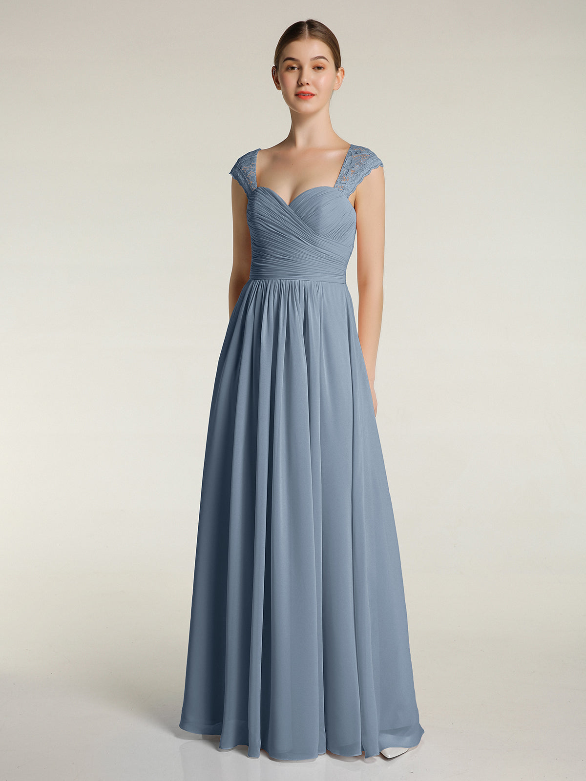 BABARONI Chiffon Dusty Blue Bridesmaid Dresses Sweetheart Floor-length Cap Sleeve Lace A-line BABARONI Chiffon Dusty Blue Bridesmaid Dresses Sweetheart Floor-length Cap Sleeve Lace A-line