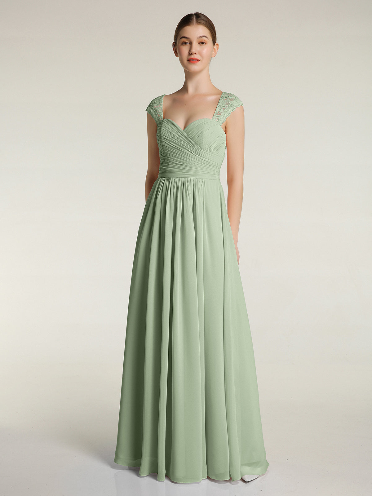 BABARONI Chiffon Dusty Sage Bridesmaid Dresses Sweetheart Floor-length Cap  Sleeve Lace A-line