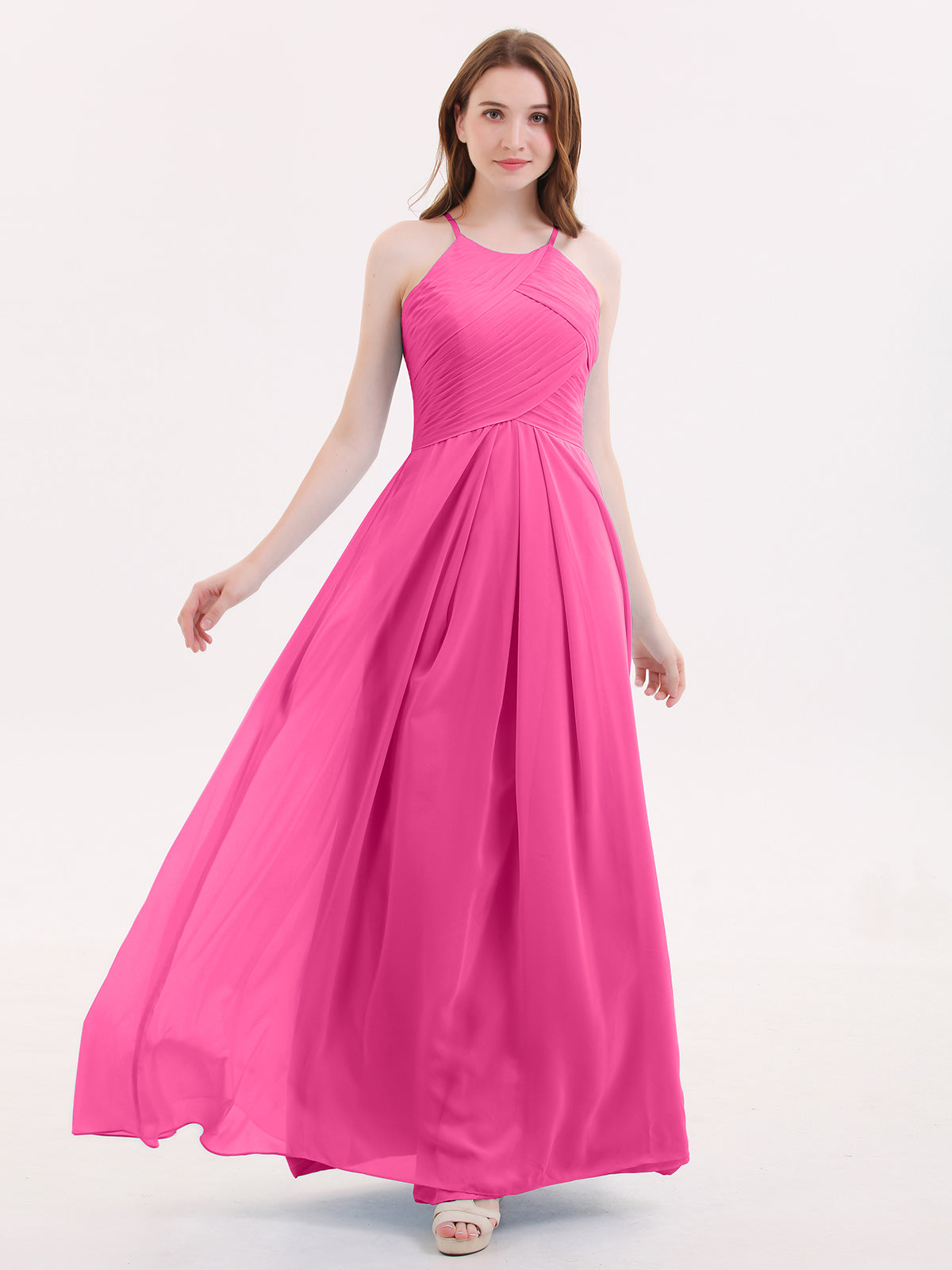 BABARONI Long Chiffon Halter Bridesmaid Dresses-Azalea Plus Size, Azalea / US18