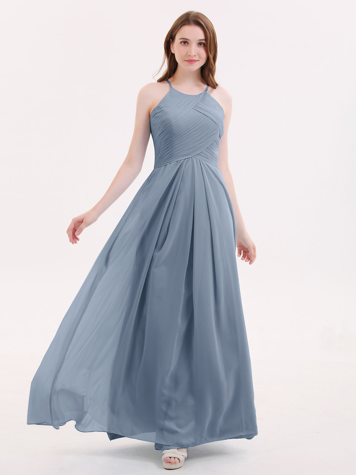 BABARONI Long Chiffon Halter Bridesmaid Dresses-Dusty Blue, Dusty Blue / US0