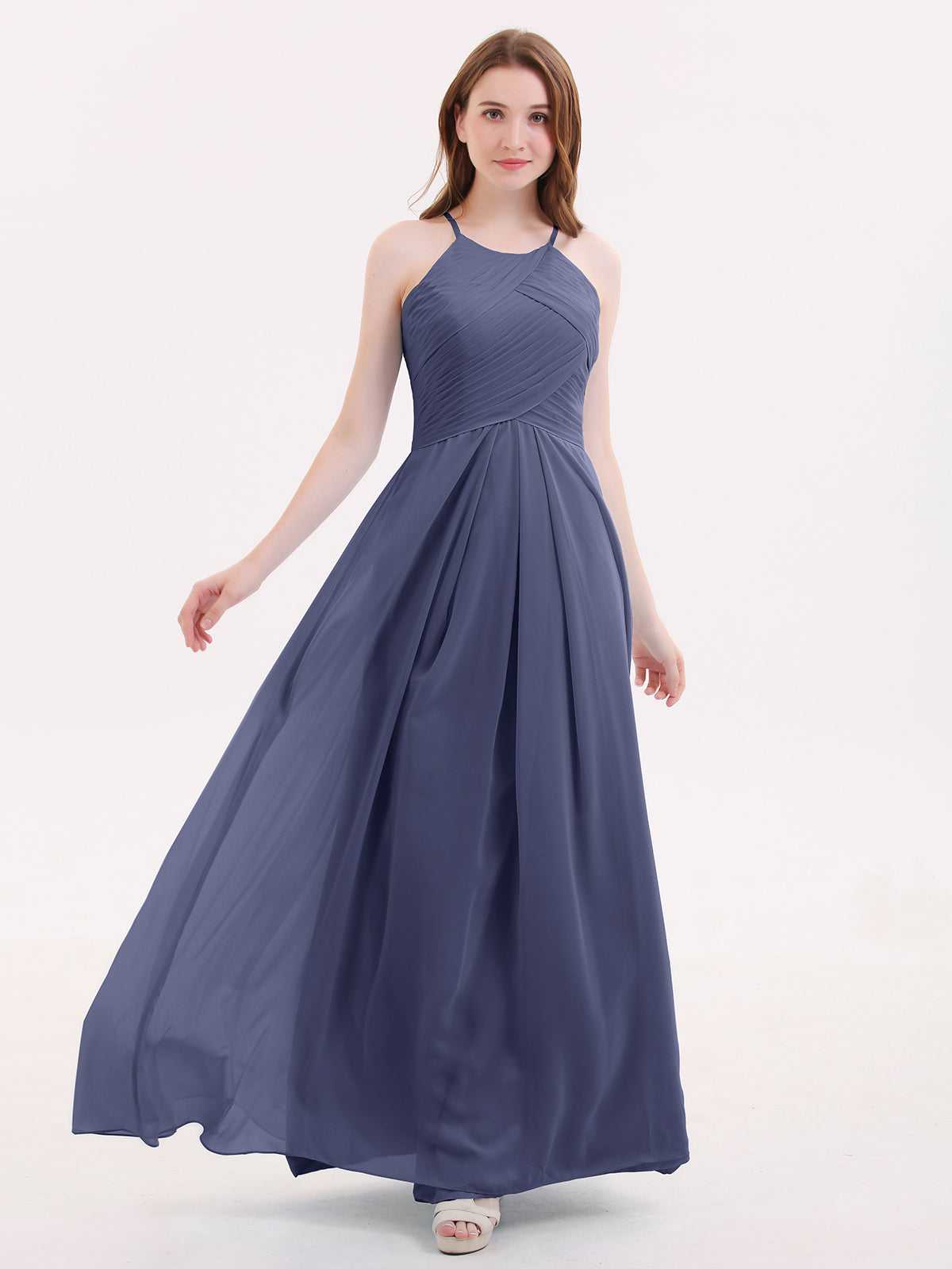 BABARONI Long Chiffon Halter Bridesmaid Dresses-Stormy, Stormy / US0