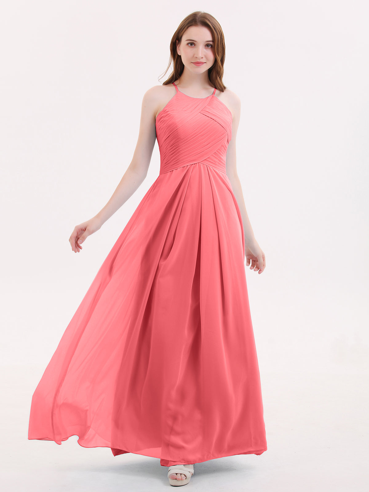 BABARONI Long Chiffon Halter Bridesmaid Dresses-Watermelon, Watermelon / US0