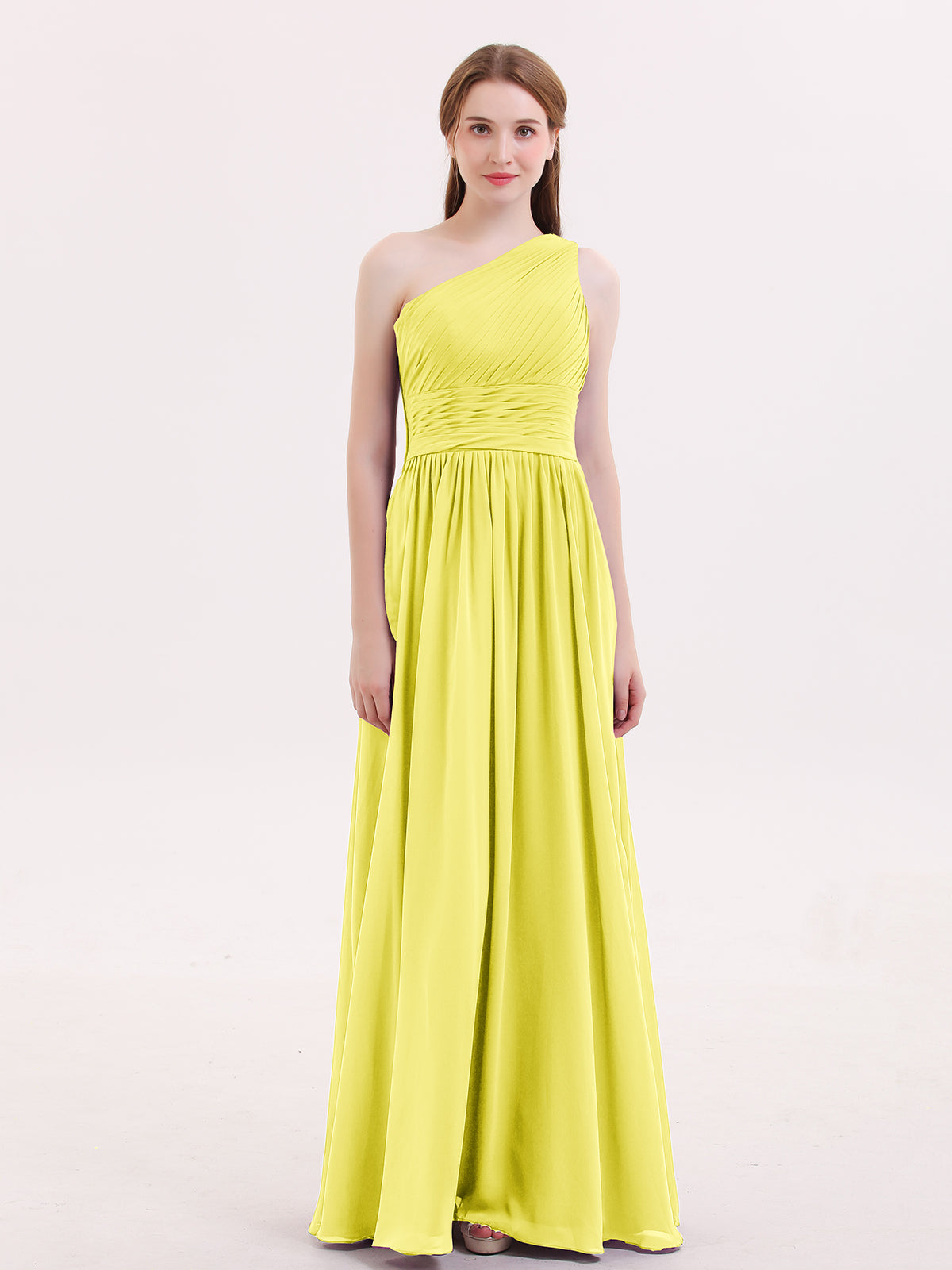 BABARONI Chiffon Lemon Bridesmaid Dresses One Shoulder Floor-length