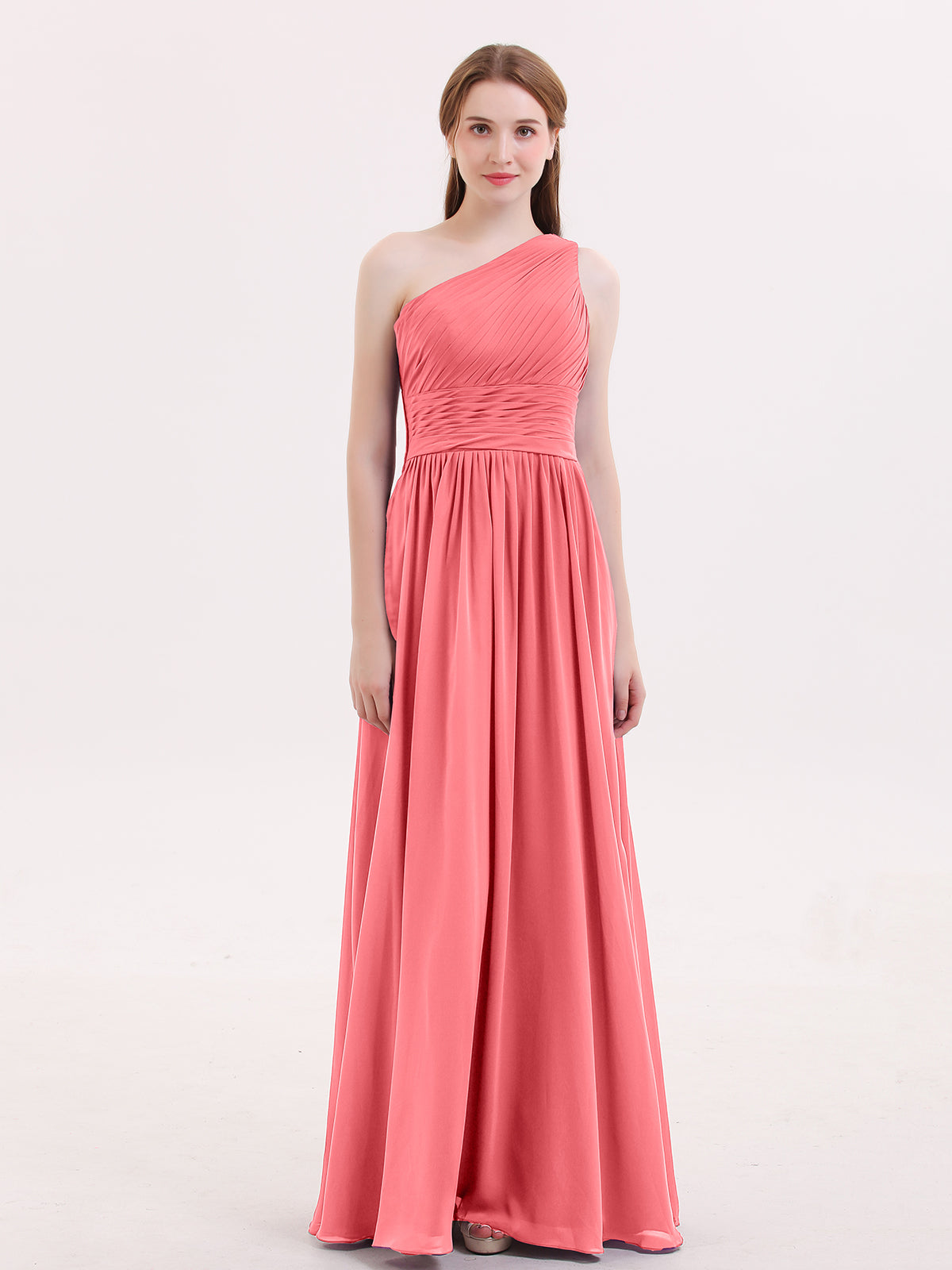 One Shoulder Long Chiffon Bridesmaid Gown Watermelon Plus Size