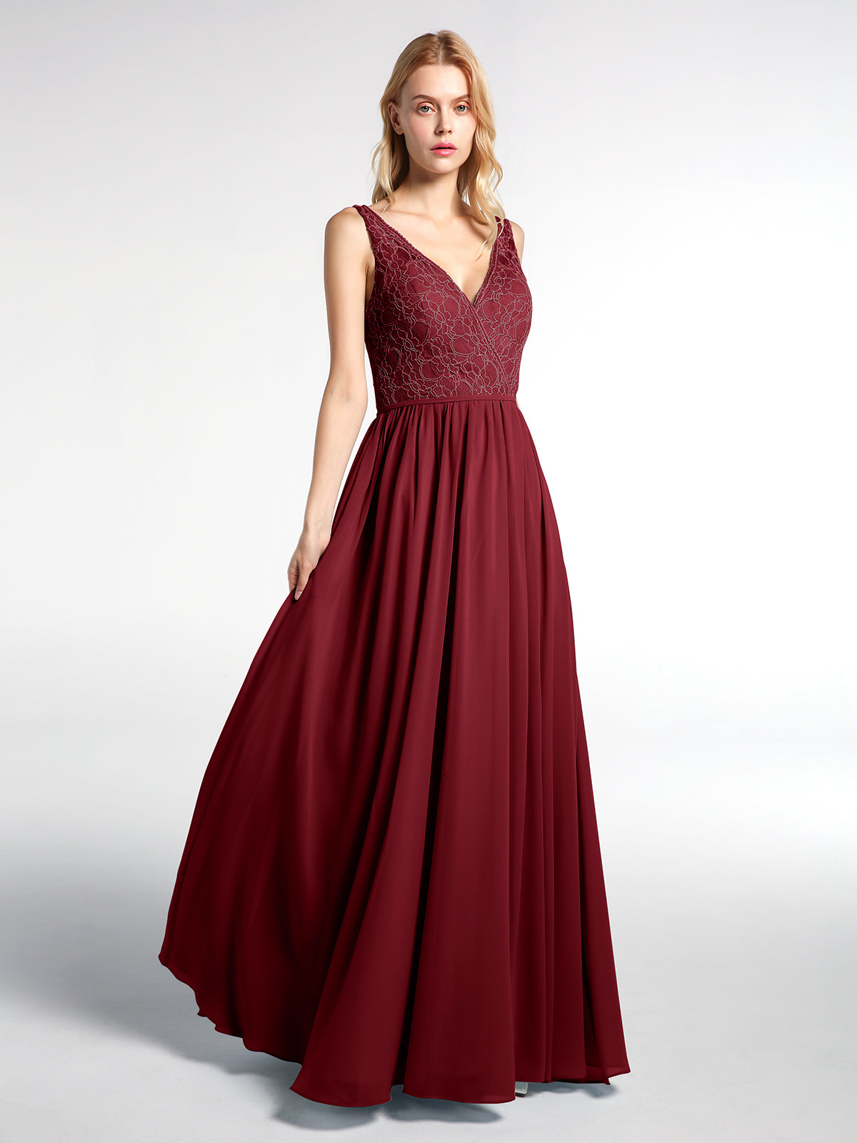 BABARONI V-Neck Lace Top Chiffon Skirt Maxi Dress-Burgundy, Burgundy / US0