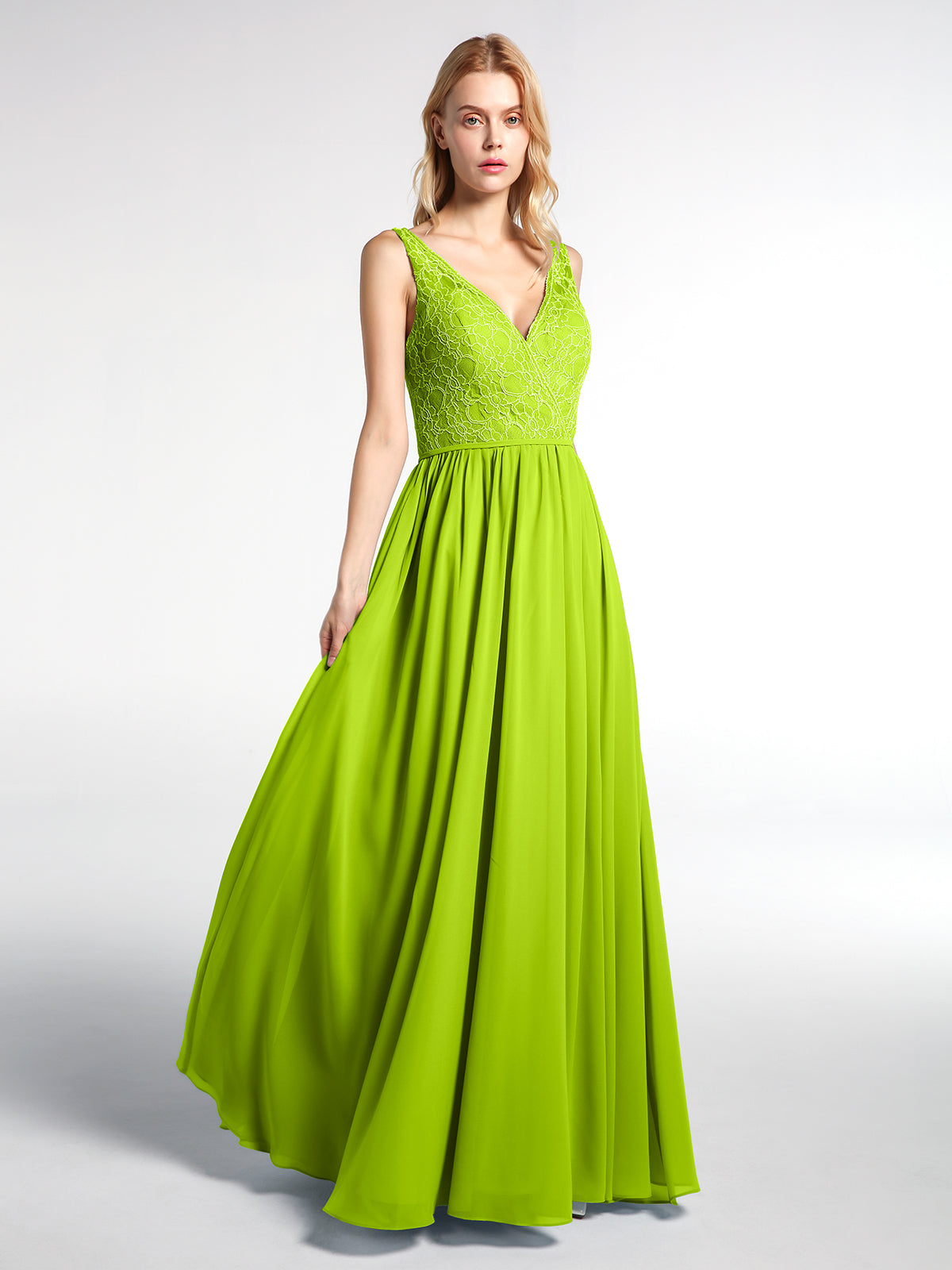 Flutter Sleeves Long Chiffon Dresses with Sash Bow Lime Green Plus Size