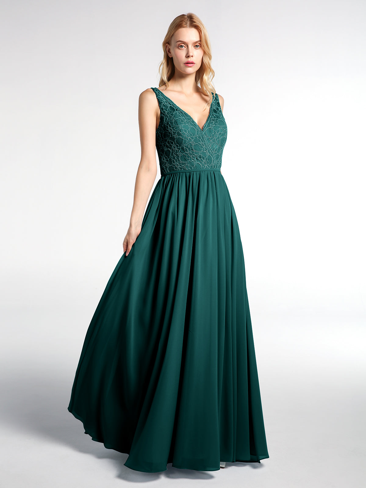 BABARONI Chiffon Peacock Bridesmaid Dresses V-neck Floor-length Sleeveless Ruched A-line, Peacock / US0