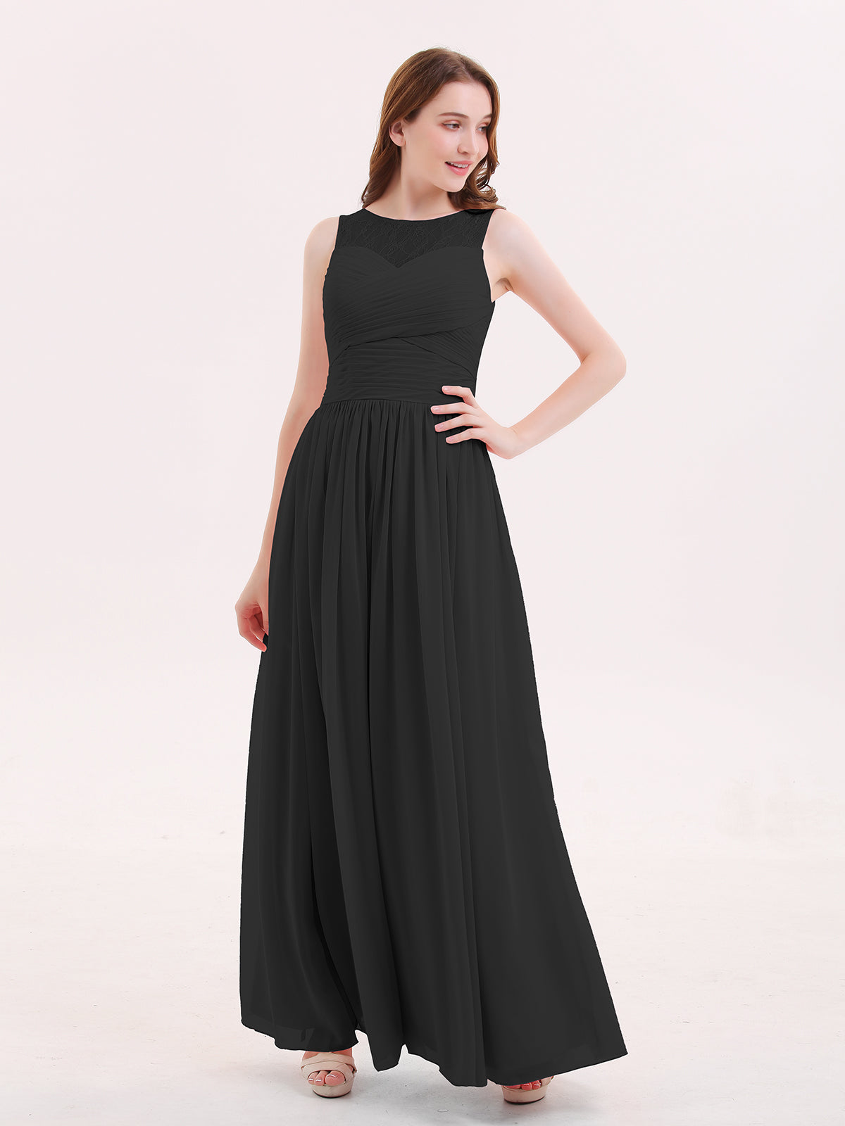 BABARONI Illusion Sweetheart Neck Chiffon Bridesmaid Dress-Black, Black / US0