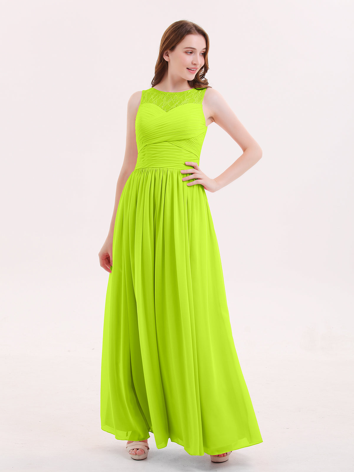 Long Chiffon Dress for Bridesmaid with Bow Lime Green Plus Size