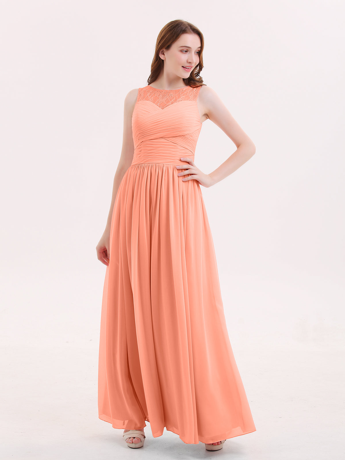Illusion High Neck Chiffon Bridesmaid Gown Sunset Plus Size