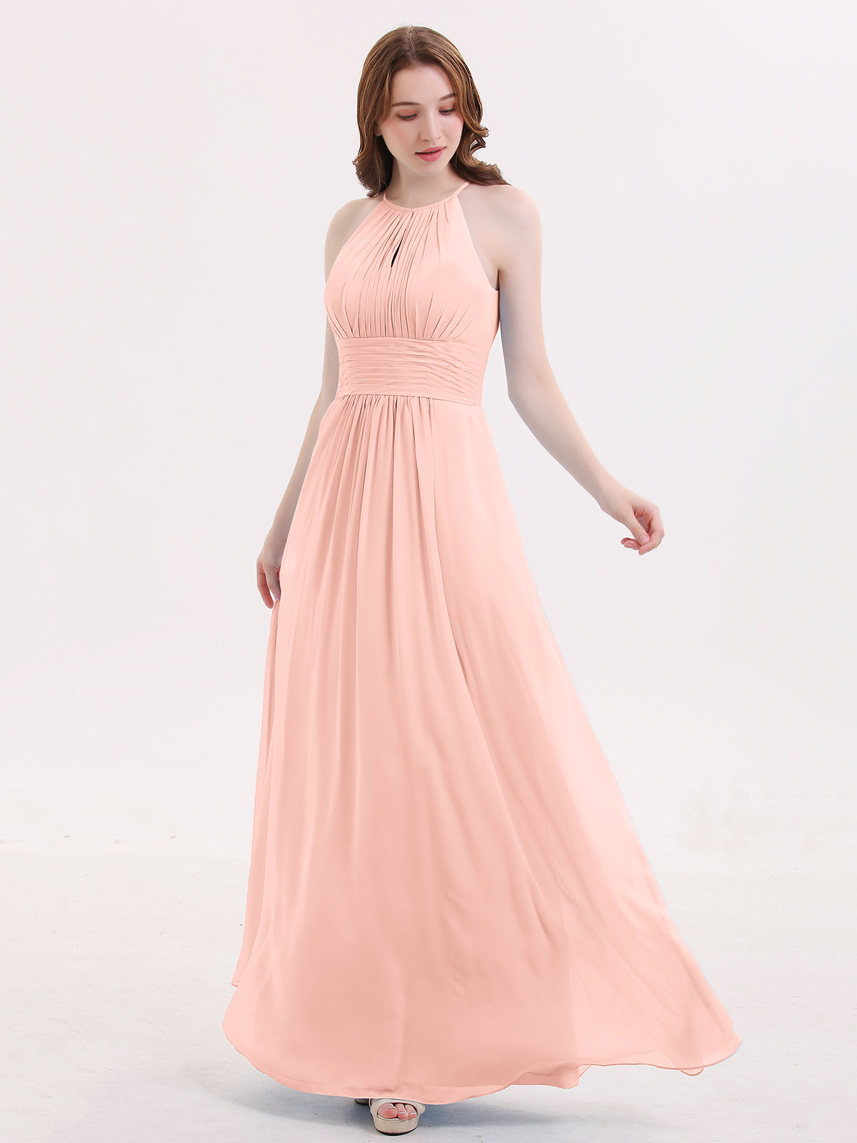 BABARONI BABARONI Chiffon Coral Bridesmaid Dresses Halter Floor-length Sleeveless Ruched A-line, Coral / US0 BABARONI BABARONI Chiffon Coral Bridesmaid Dresses Halter Floor-length Sleeveless Ruched A-line, Coral / US0