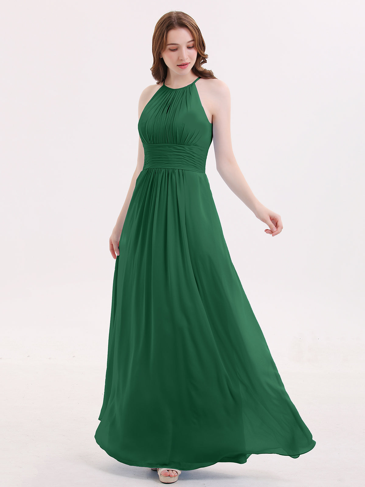 BABARONI Chiffon Dark Green Bridesmaid Dresses Halter Floor-length Sleeveless Ruched A-line BABARONI Chiffon Dark Green Bridesmaid Dresses Halter Floor-length Sleeveless Ruched A-line