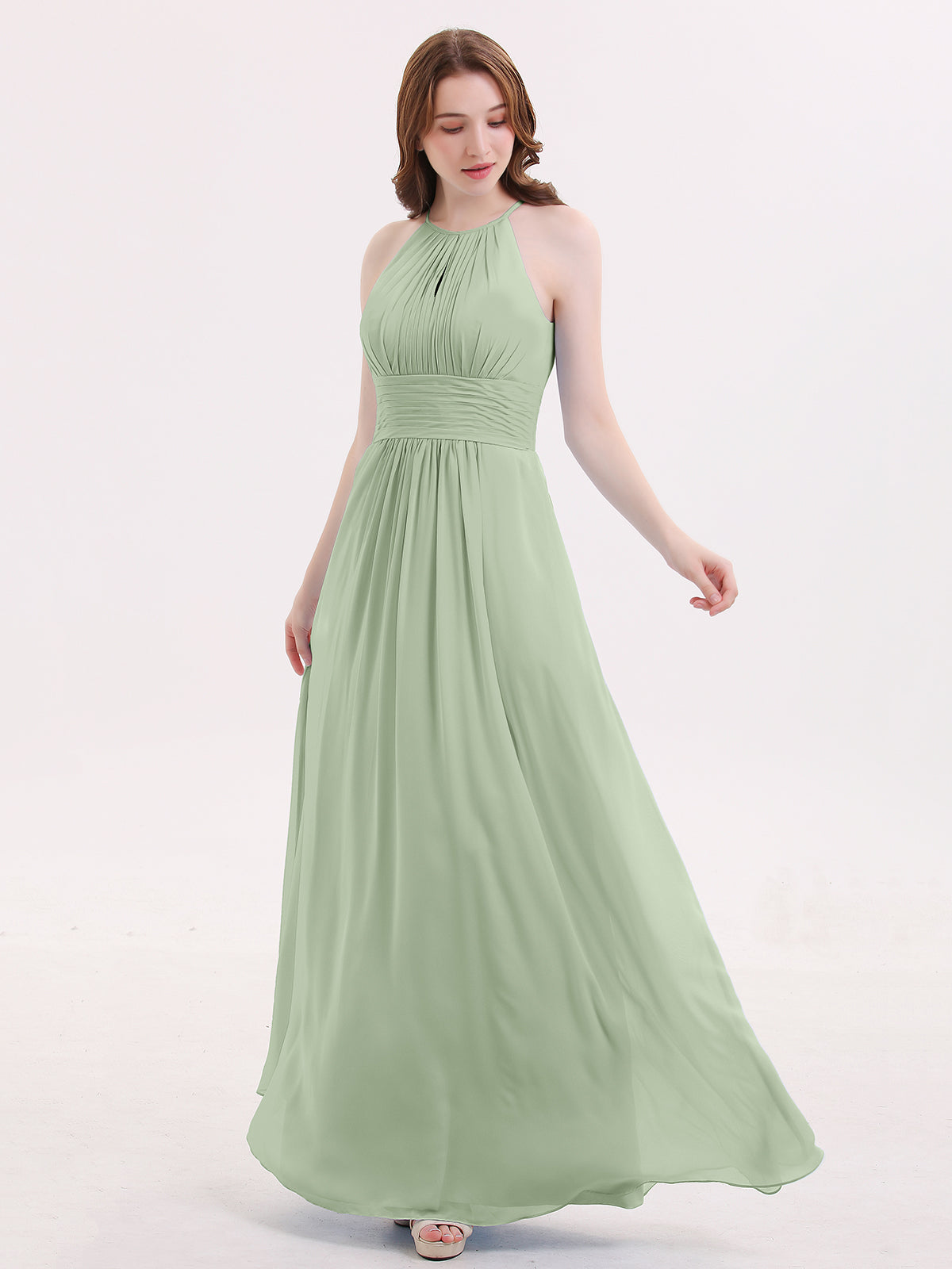 BABARONI Chiffon Dusty Sage Bridesmaid Dresses Halter Floor-length  Sleeveless Ruched A-line