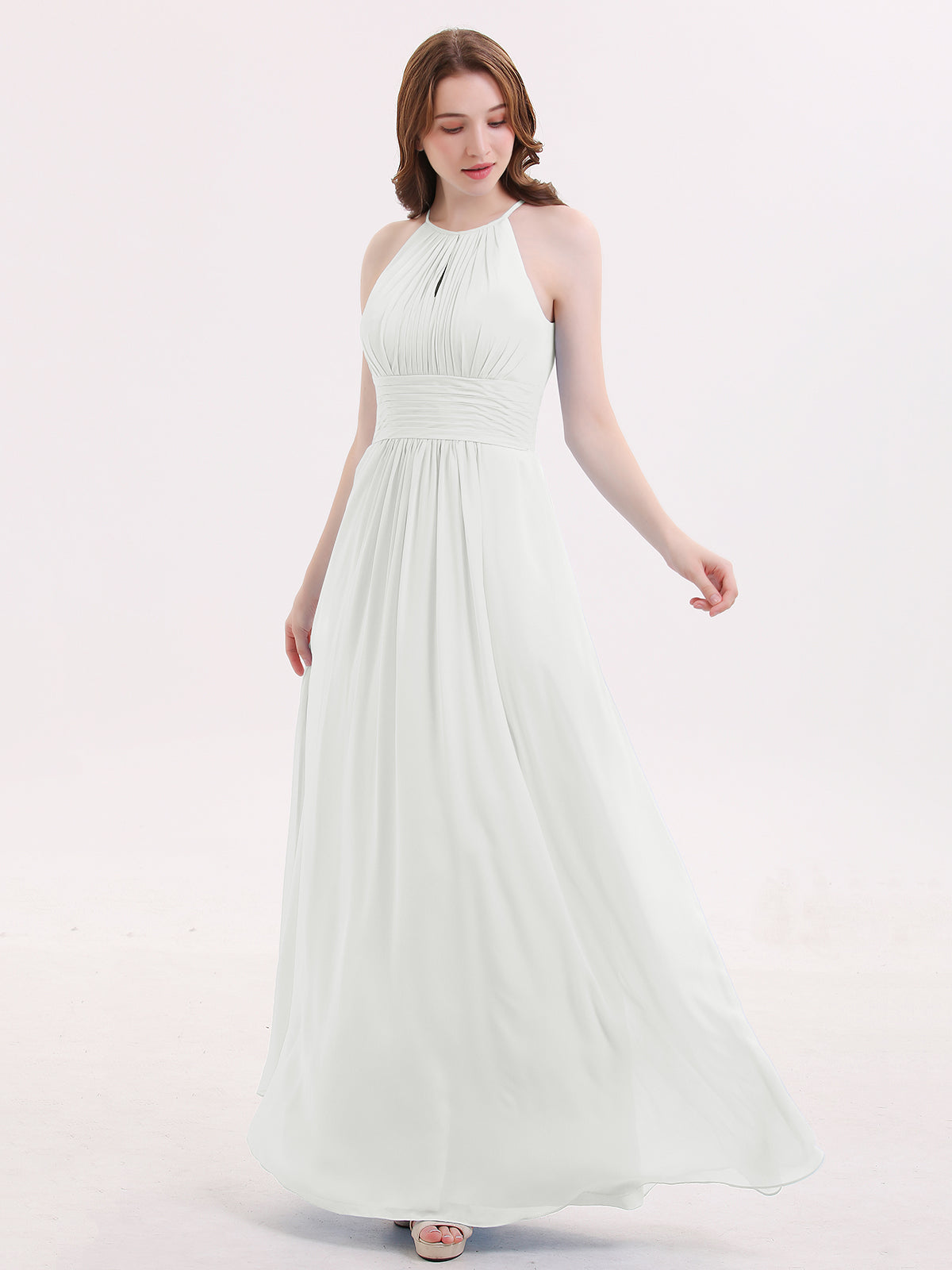 BABARONI Halter Long Chiffon Dress with Pleated Waist-Ivory Plus Size, Ivory / US18 BABARONI Halter Long Chiffon Dress with Pleated Waist-Ivory Plus Size, Ivory / US18