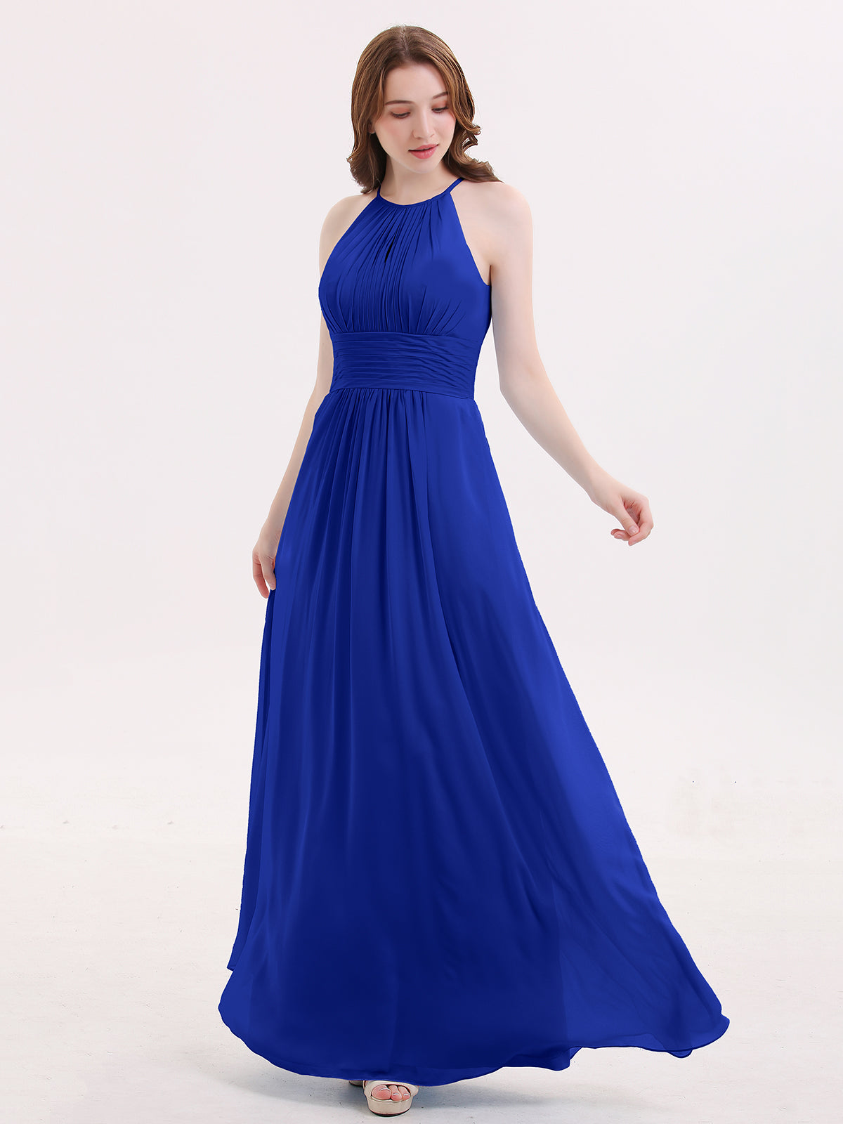 Halter Long Chiffon Dress with Pleated Waist-Royal Blue Plus Size