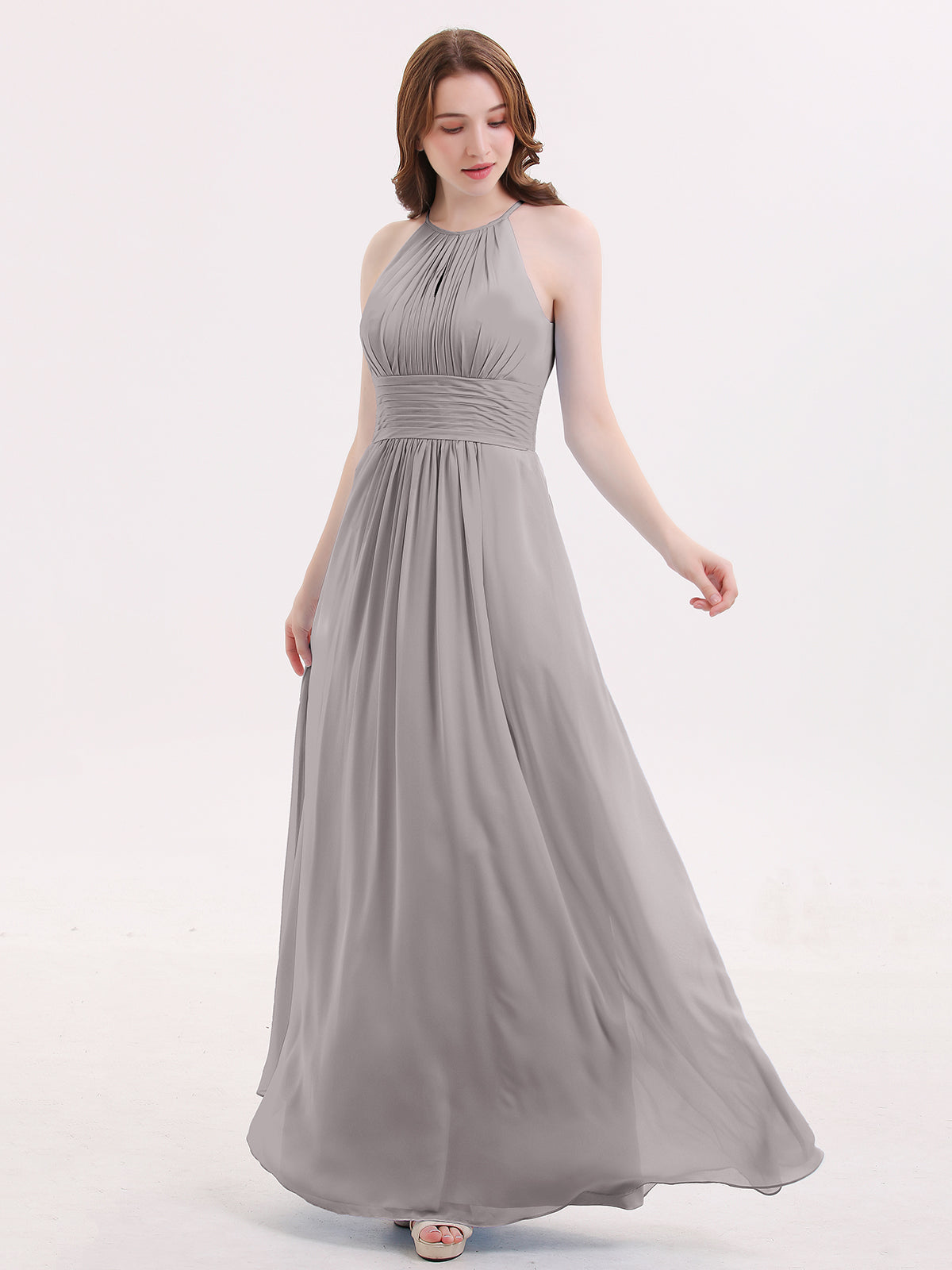 chinese dress ladies BABARONI Halter Long Chiffon Dress with Pleated Waist-Silver, Silver / US0