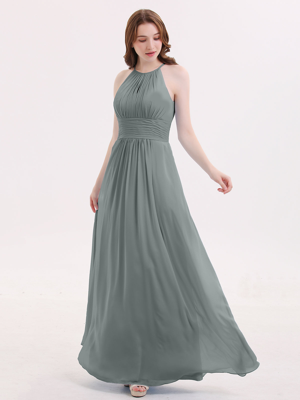 Irene Halter Long Chiffon Dress with Pleated Waist-Steel