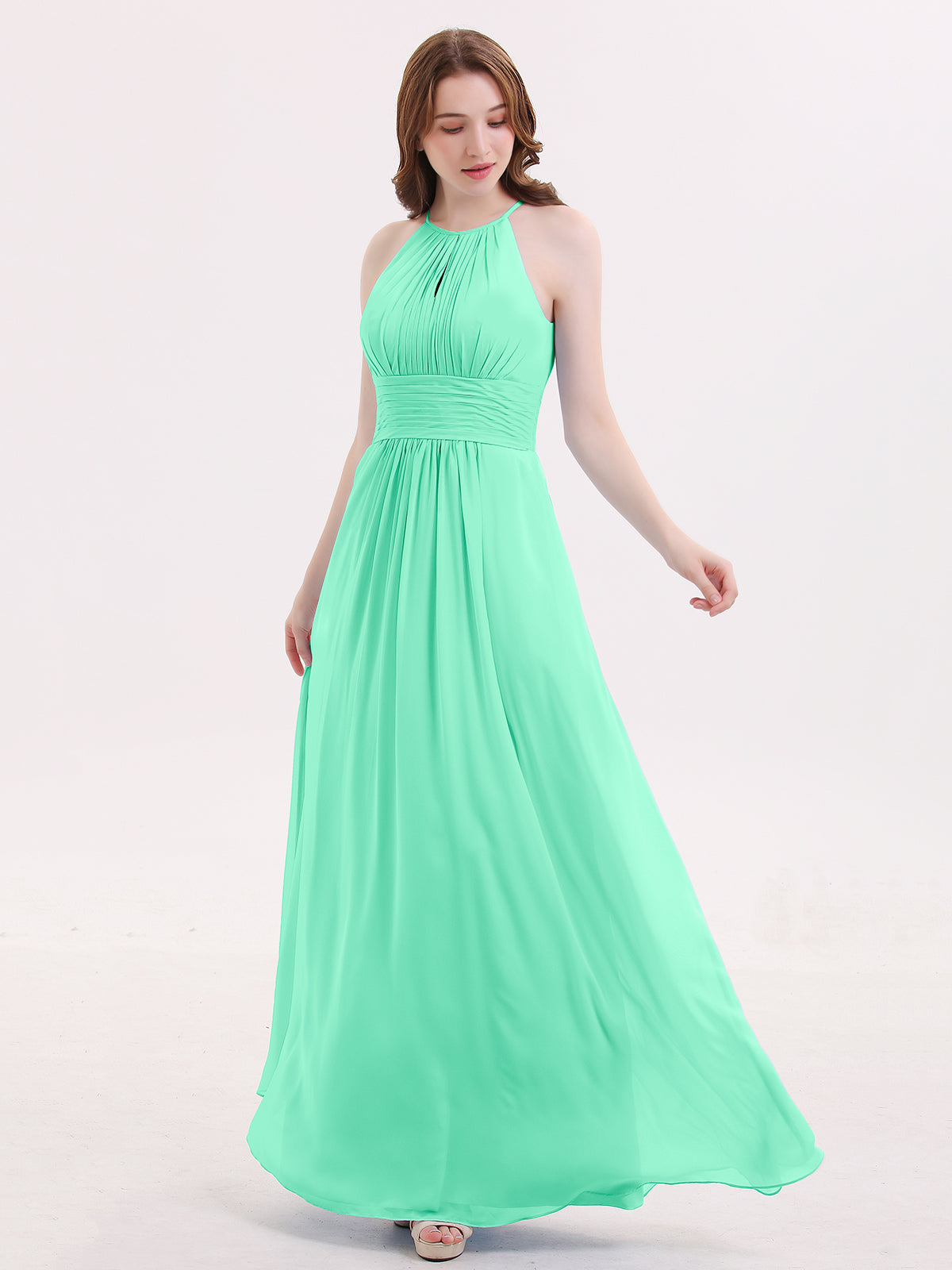 BABARONI Chiffon Turquoise Bridesmaid Dresses Halter Floor-length  Sleeveless Ruched A-line