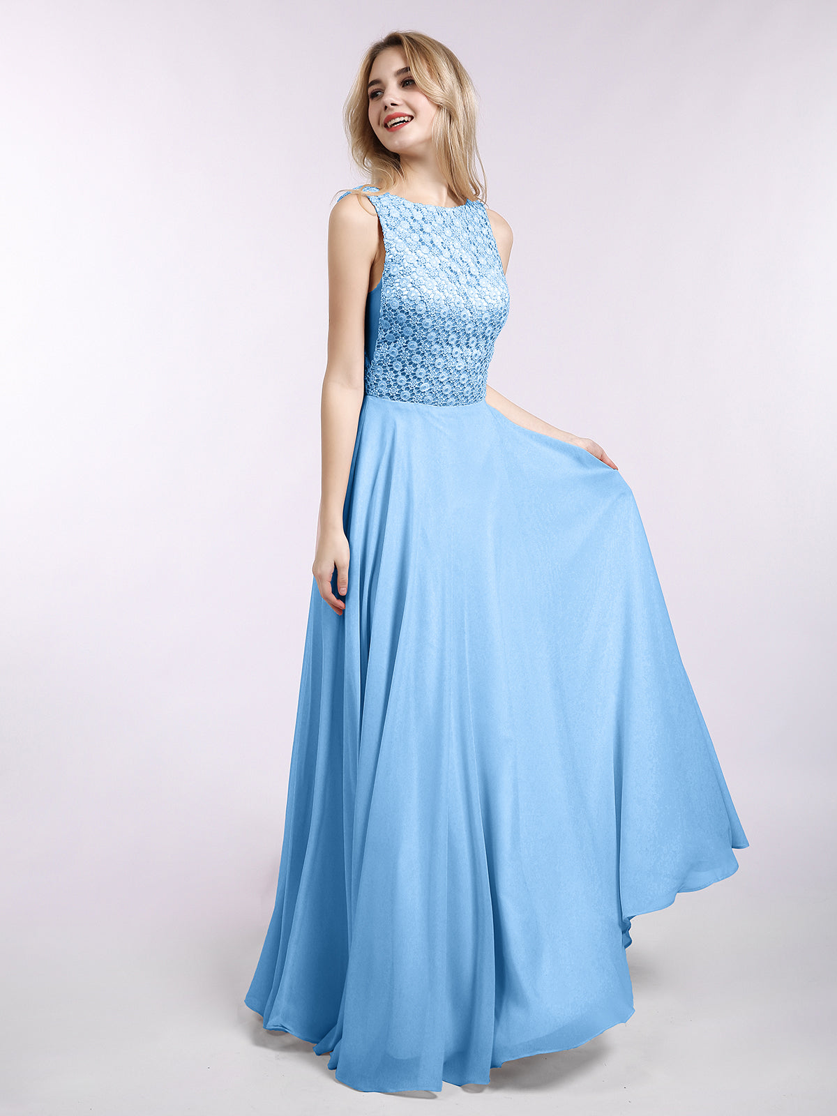 BABARONI Lace Bodice Chiffon Skirt Long Gown-Blue Plus Size, Blue / US18 BABARONI Lace Bodice Chiffon Skirt Long Gown-Blue Plus Size, Blue / US18