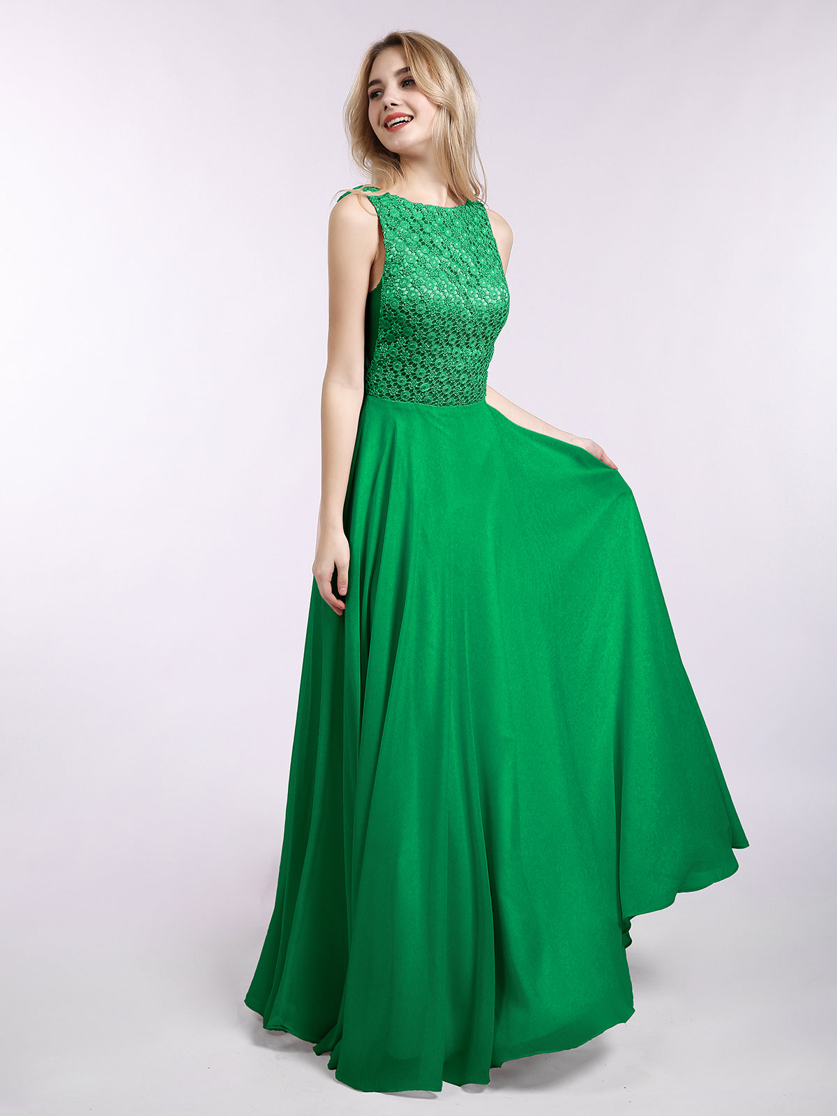 white christmas dresses BABARONI Lace Bodice Chiffon Skirt Long Gown-Emerald, Emerald / US0