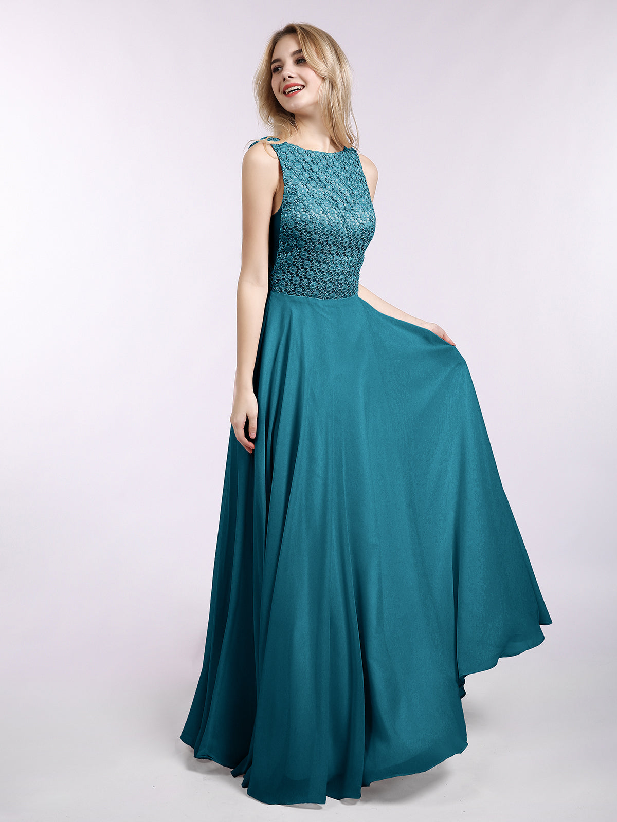 BABARONI Lace Bodice Chiffon Skirt Long Gown-Ink Blue Plus Size, Ink Blue / US18