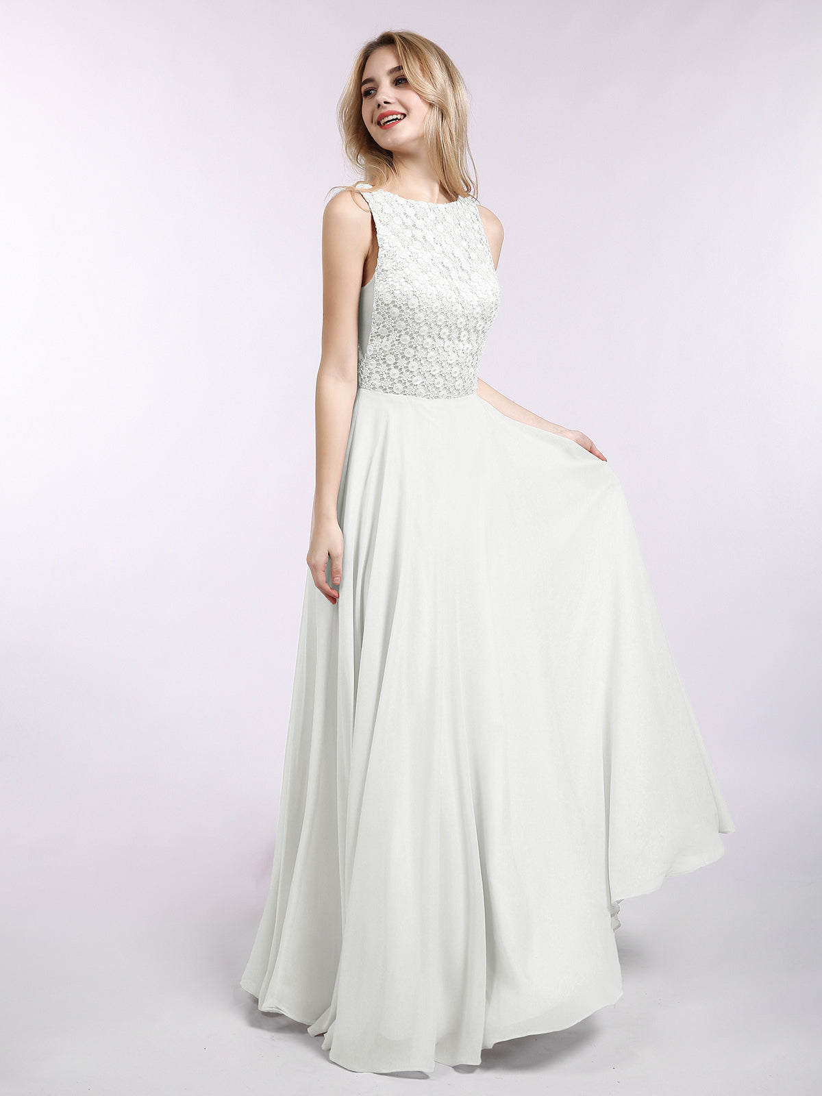 BABARONI Lace Bodice Chiffon Skirt Long Gown-Ivory, Ivory / US0