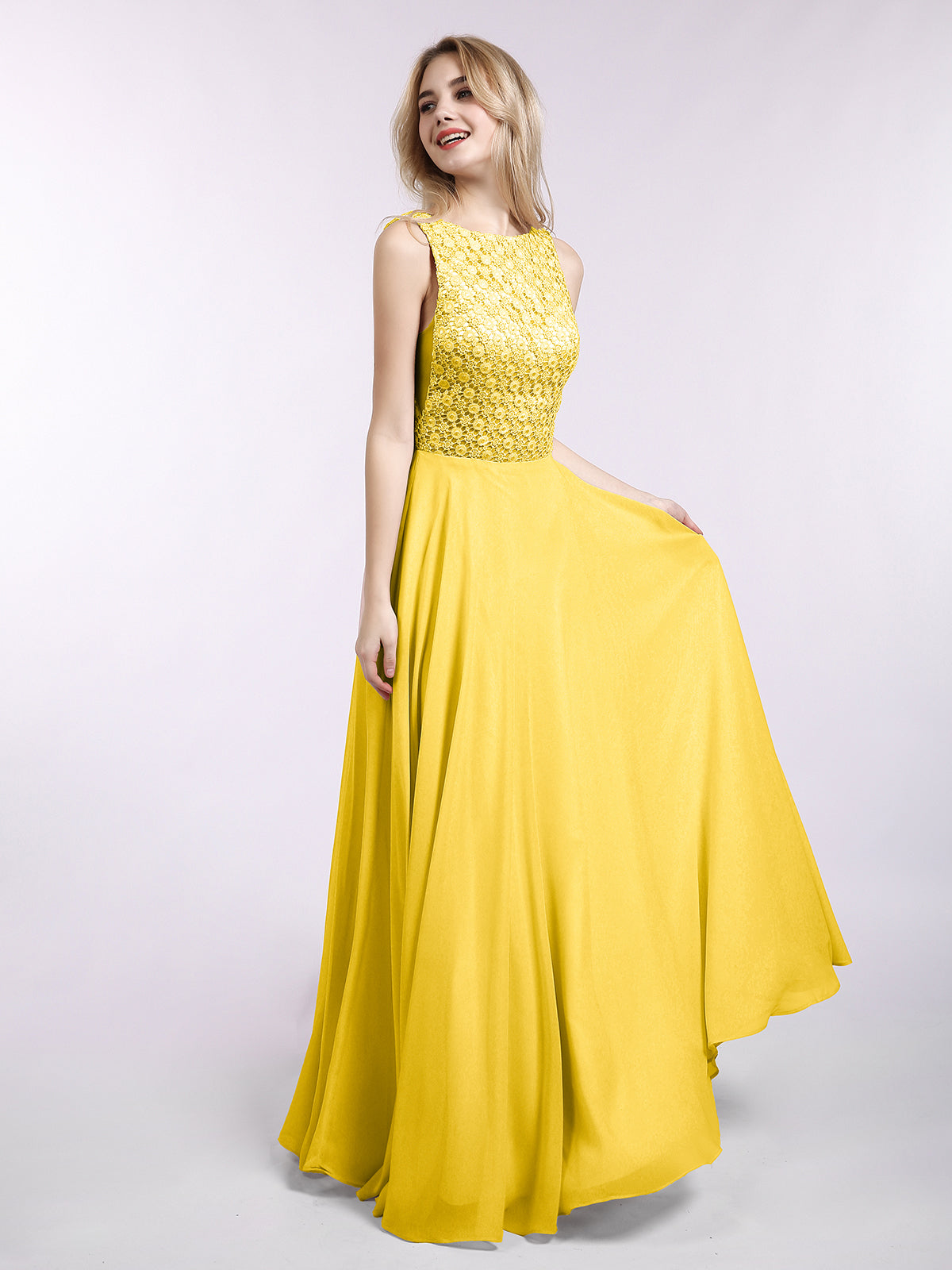 BABARONI Lace Bodice Chiffon Skirt Long Gown-Marigold, Marigold / US0 BABARONI Lace Bodice Chiffon Skirt Long Gown-Marigold, Marigold / US0