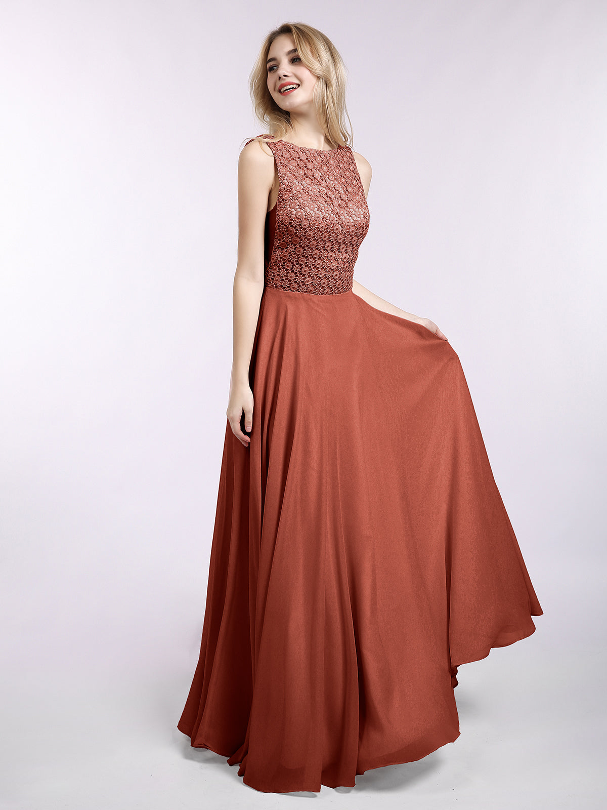 Lace Top Chiffon Skirt Dresses with Slit Rust Plus Size