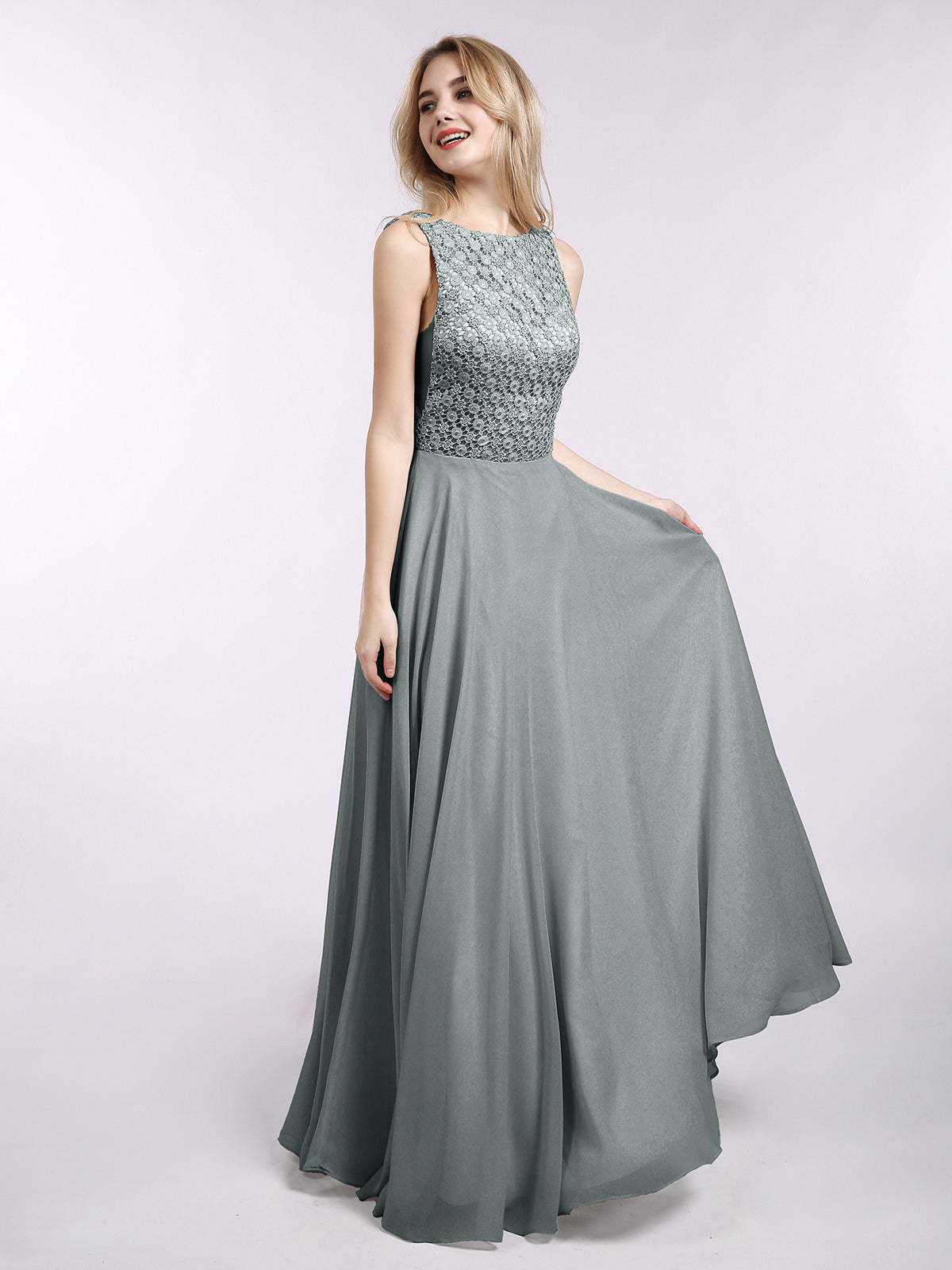 BABARONI Lace Bodice Chiffon Skirt Long Gown-Steel Grey Plus Size, Steel Grey / US18 BABARONI Lace Bodice Chiffon Skirt Long Gown-Steel Grey Plus Size, Steel Grey / US18
