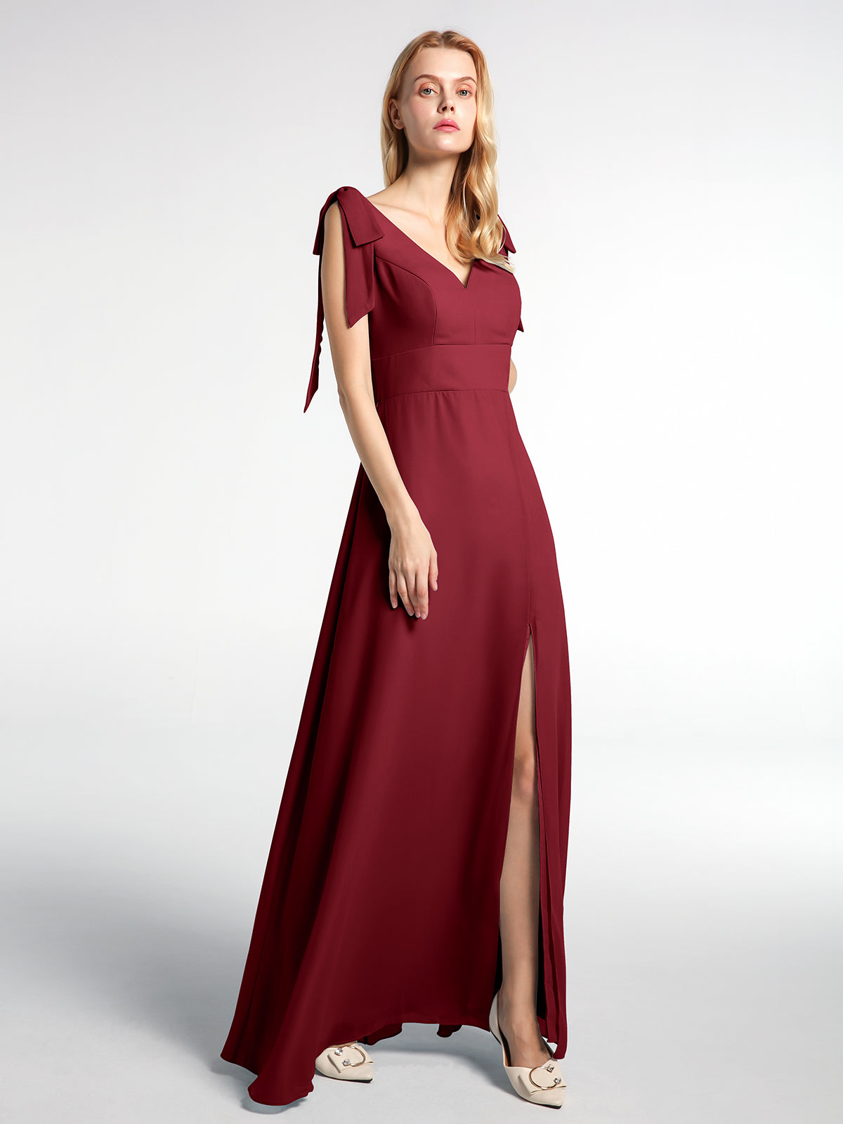 slim fit dress slacks A-line Burgundy Side Slit Long Evening Prom Dresses, Deep V-neck Prom –  MarryLover main image 0