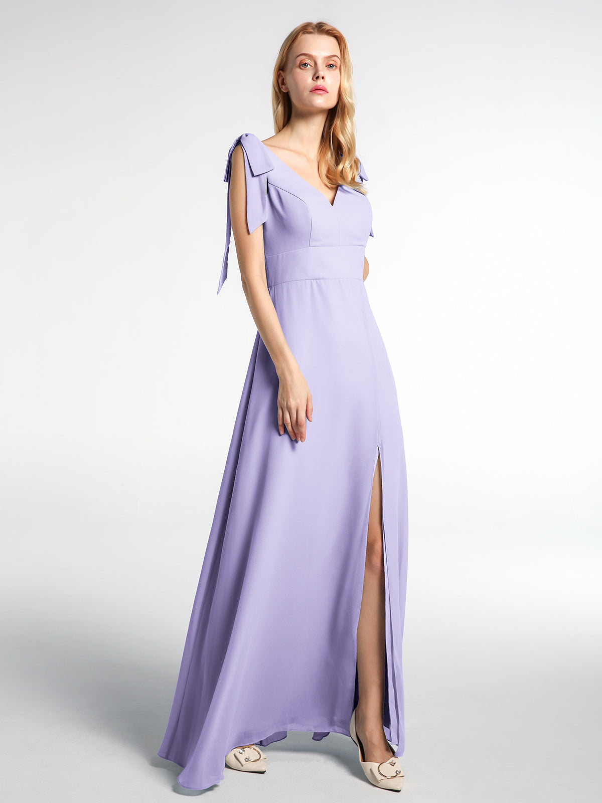 BABARONI Chiffon Lilac Bridesmaid Dresses V-neck Floor-length Straps Bow  with Slit A-line
