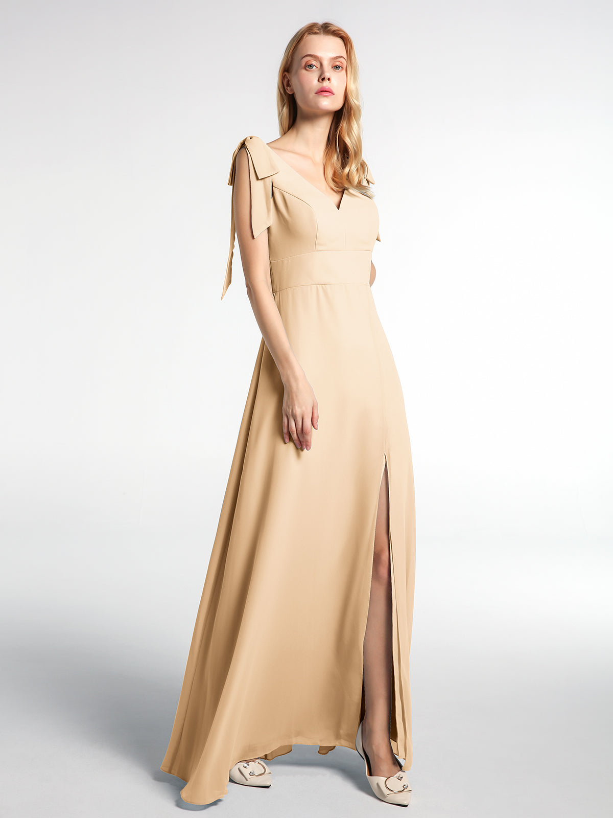 BABARONI Bowed Flat Strap Chiffon Maxi with Front Slit-Peach, Peach / US0