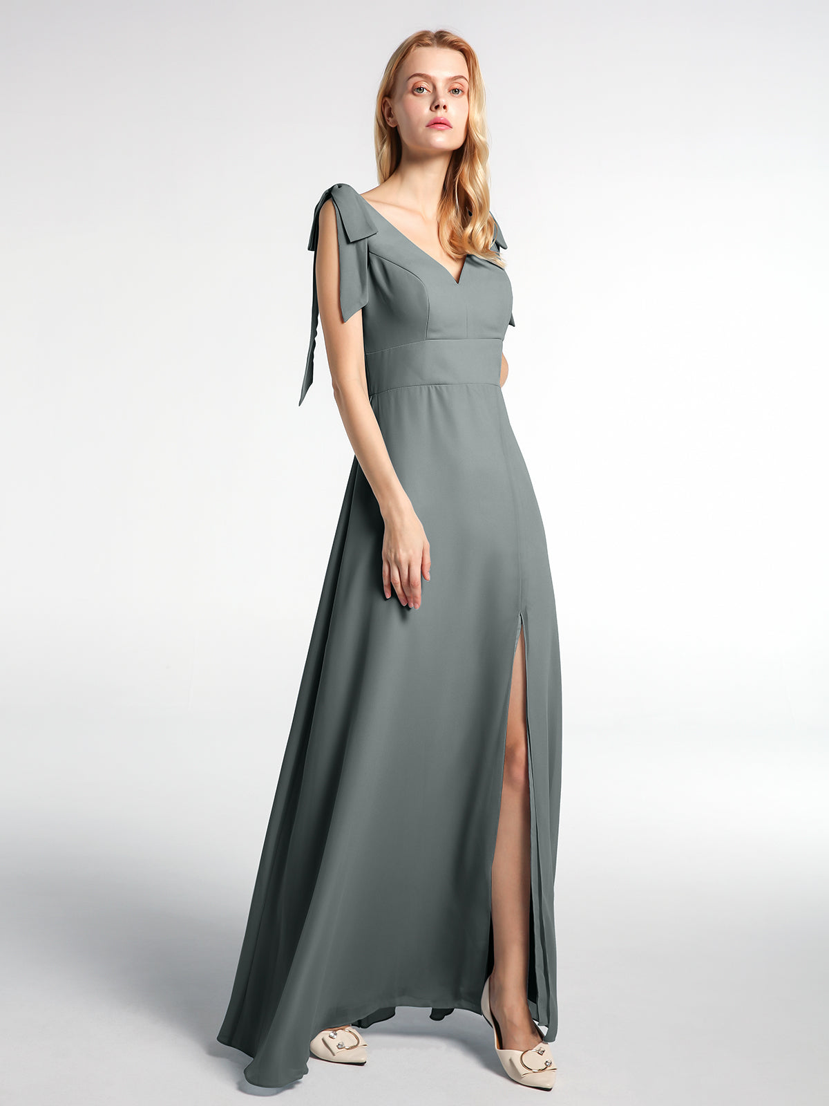 BABARONI Bowed Flat Strap Chiffon Maxi with Front Slit-Steel Grey, Steel Grey / US0