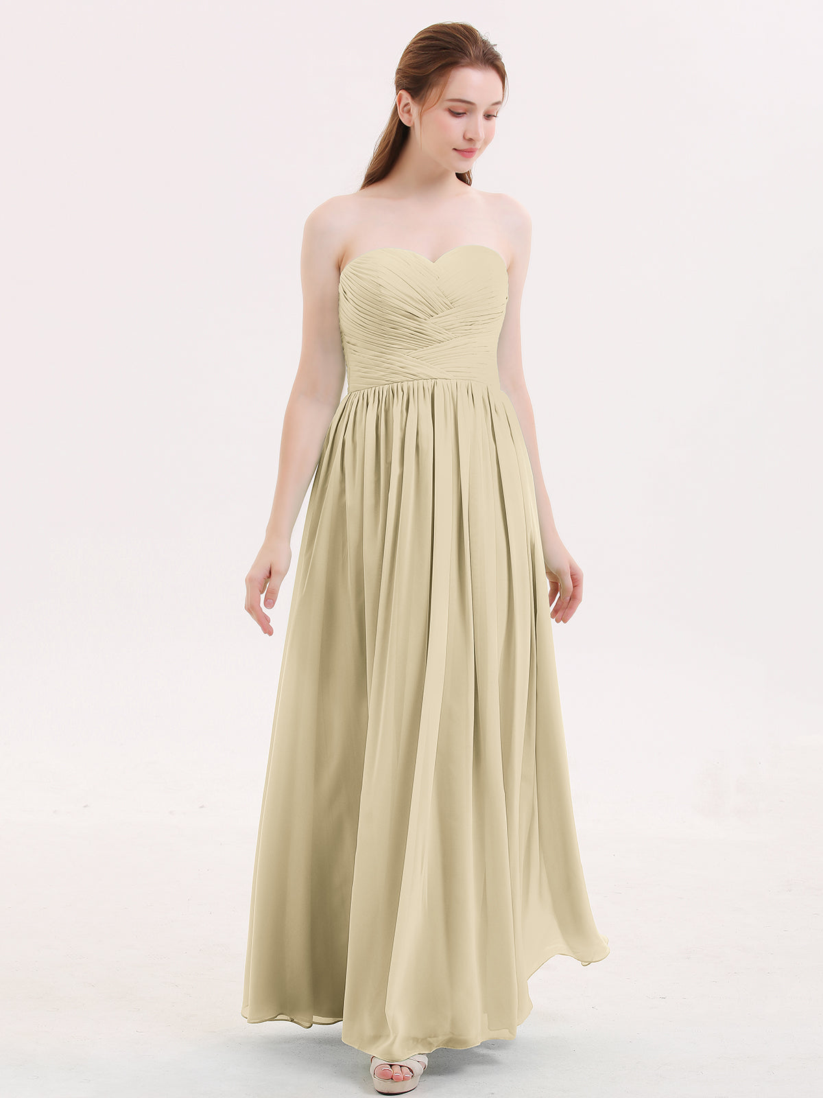 what color shoes do you wear with a beige dress BABARONI Chiffon Champagne Bridesmaid Dresses Sweetheart Floor-length  Sleeveless Ruched A-line