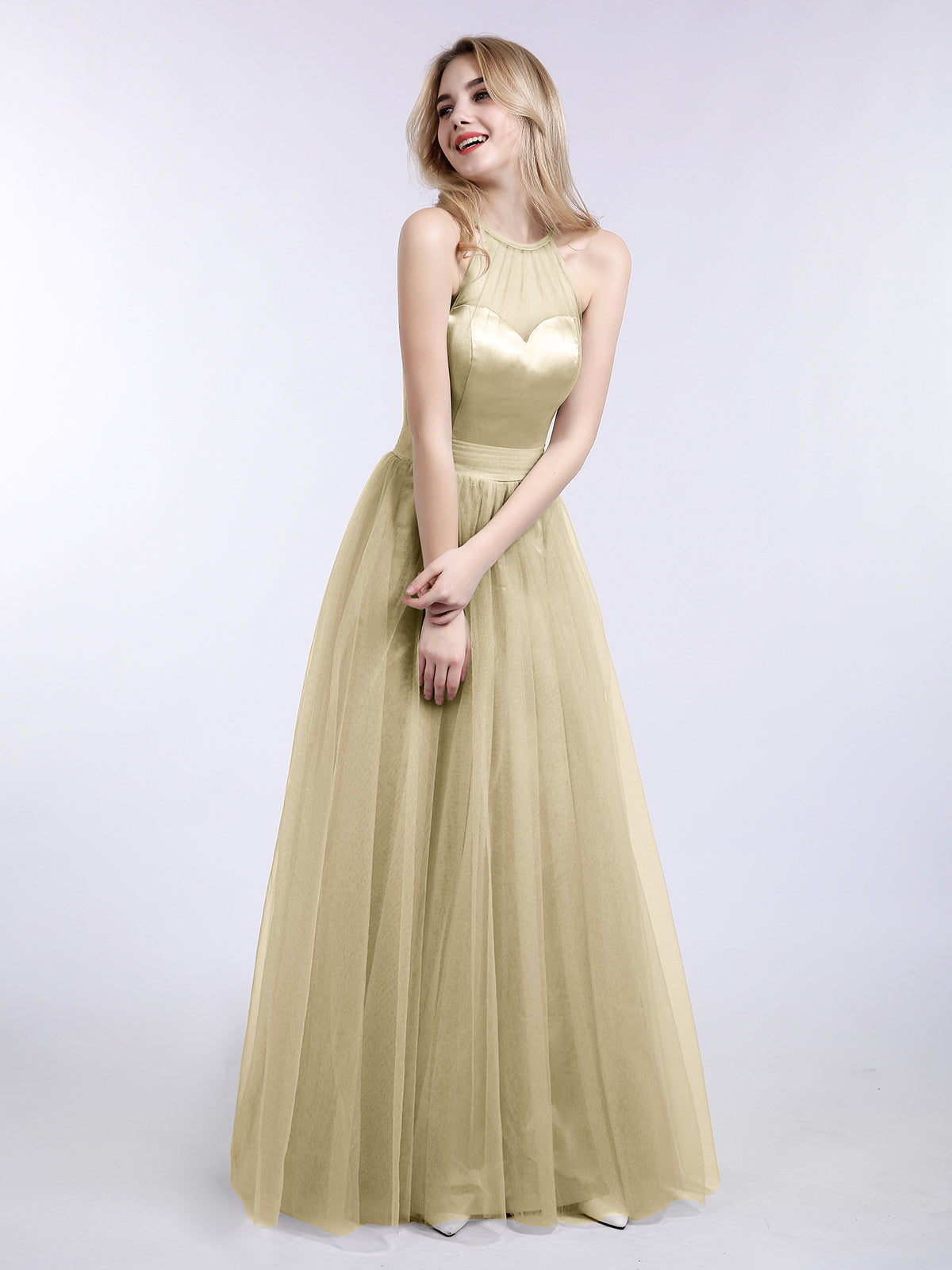 BABARONI Illusion Neckline Long Tulle Dress-Champagne Plus size, Champagne / US18 BABARONI Illusion Neckline Long Tulle Dress-Champagne Plus size, Champagne / US18